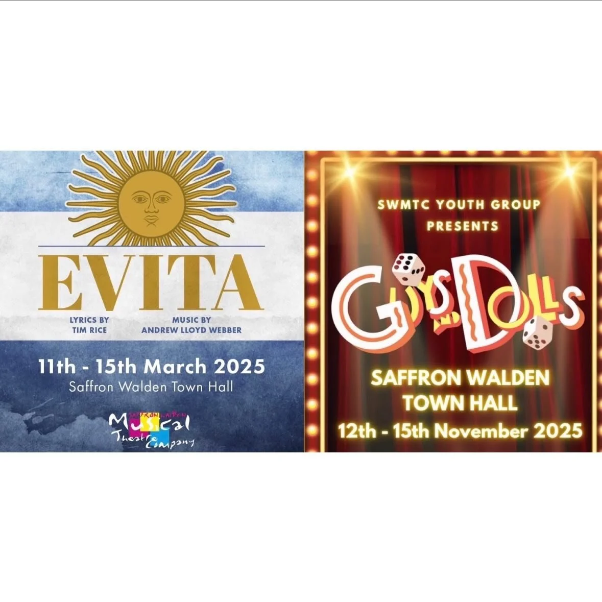 What do these two shows have in common?
They&rsquo;ve both been nominated for the NODA 2025 awards!

⭐️ Evita has been nominated for Best Musical

⭐️ Guys and Dolls has been nominated for Best Youth Production

⭐️ Guys and Dolls has also been nominat