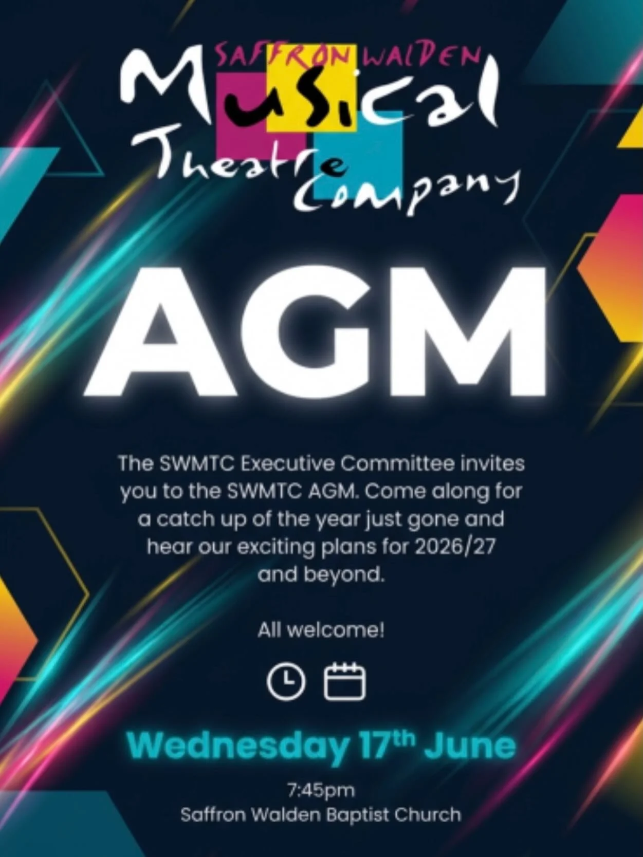 The SWMTC committee invites you to the AGM on Wednesday 17th June, 7.45pm, upstairs at Saffron Walden Baptist Church 

All welcome!