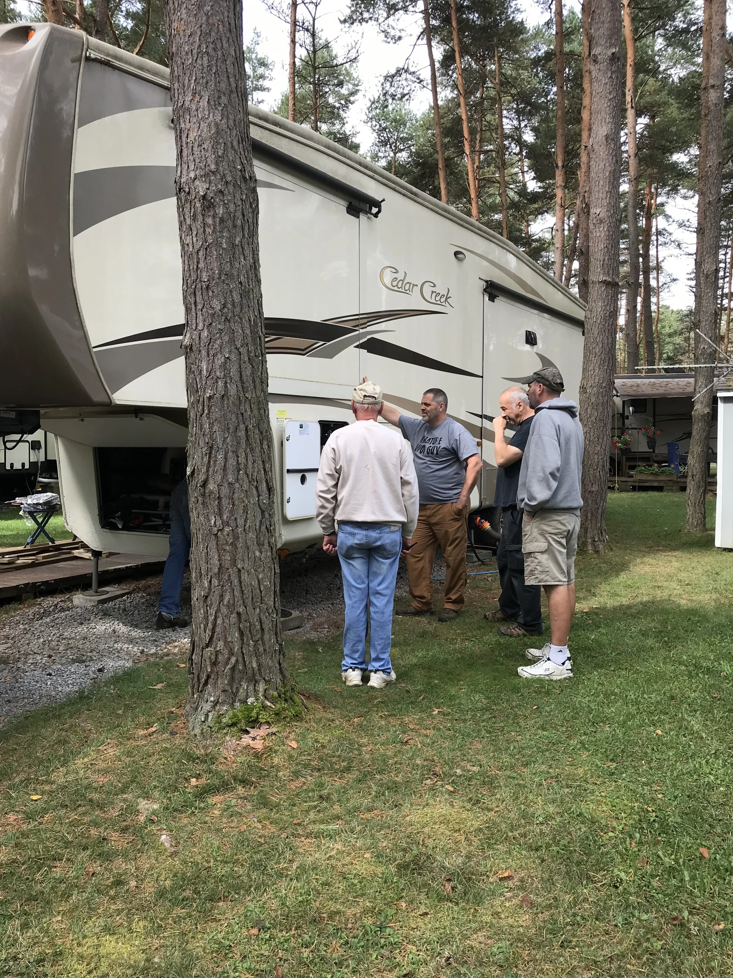The gang trying to get the slides to go out.