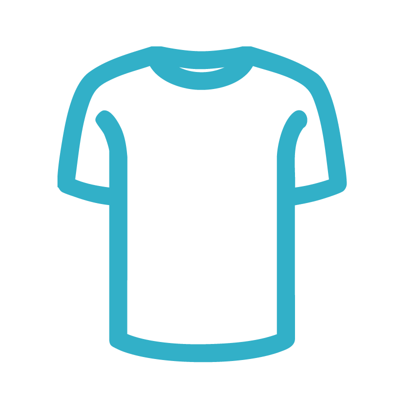 Illustration of a blue T-shirt with short sleeves and a round neckline.