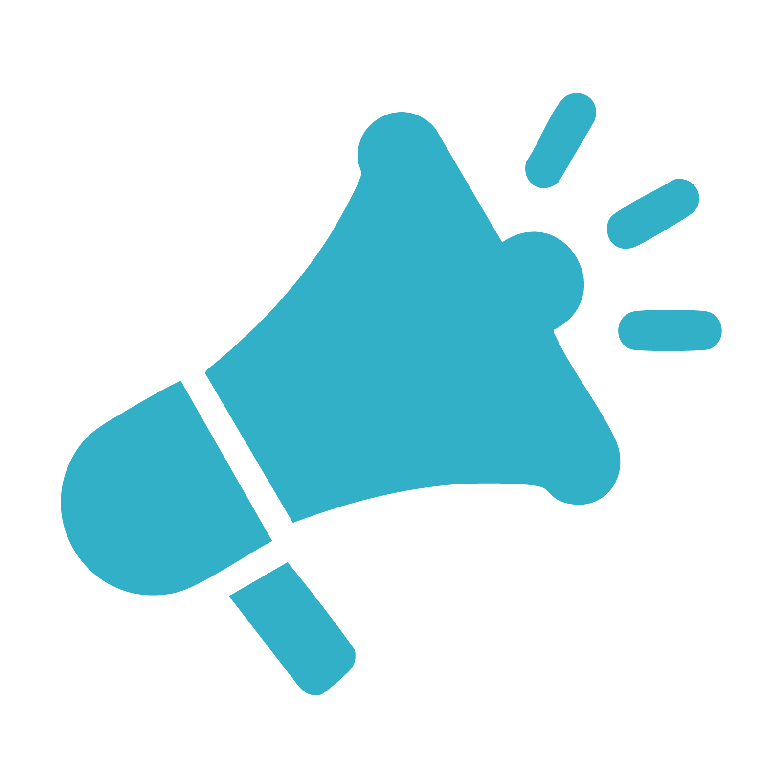Blue megaphone icon with three lines indicating sound or announcement.