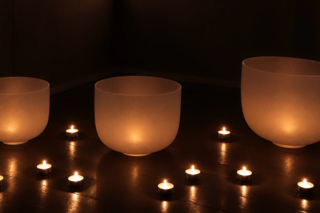 Singing bowls on a sheepskin rug