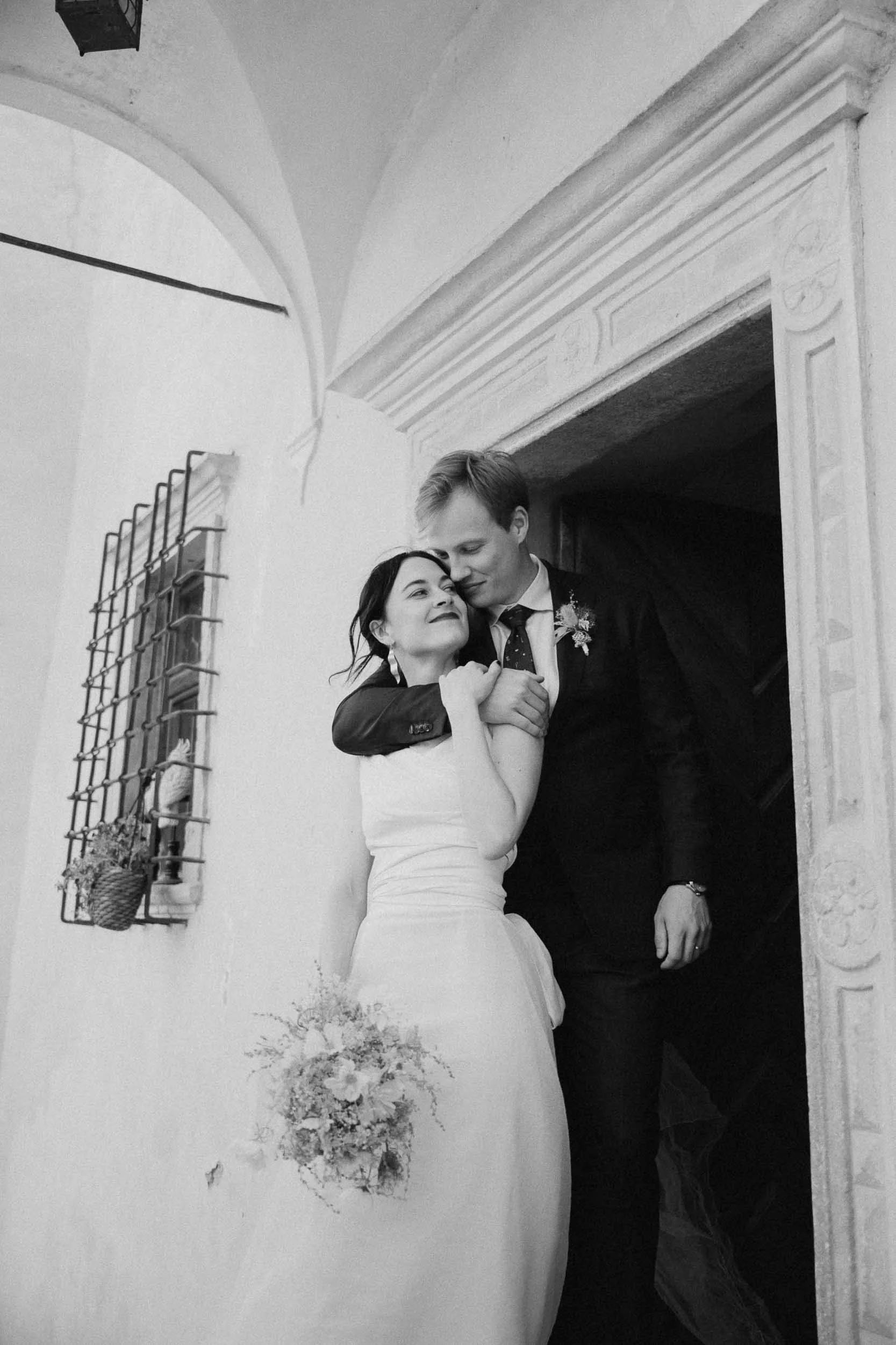 Black and white photo of a wedding couple