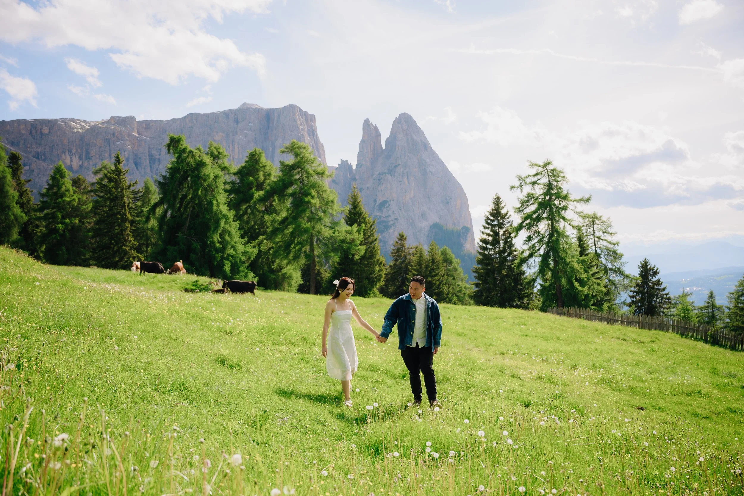 A couple walking hand in hand through a green meadow with trees and mountains in the background on a sunny day.