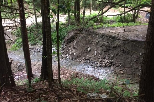 Where the bridge used to be, as seen from the trail.