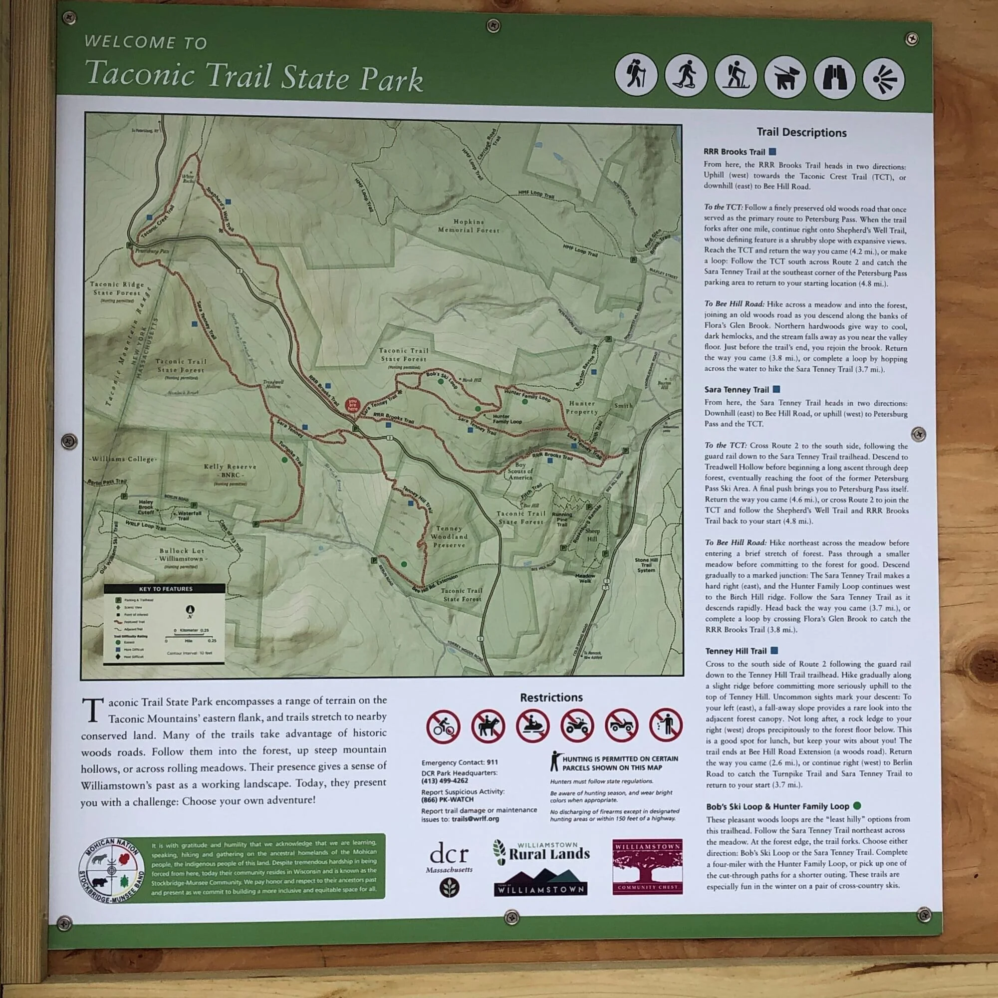 WRLF kiosk map: RRR Brook, Sarah Tenney, Tenney Hill, Bob’s Ski Loop and Hunter Family Loop trails.