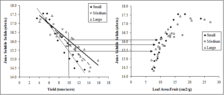 Figure 4 A and B. The effect of crop level (yield-A) and crop load (exposed leaf area to fruit ratio-B) on juice soluble solids of small, medium, and large Concord vines pruned to 120 nodes.