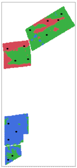 Figure 2: A map of CLEREL vineyards depicting the NDVI generated vigor classifications (colors) and sample locations (black dots).