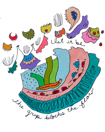 Colorful hand-drawn artwork by therapist Bren Seed, created for the Ebb and Flow Meditation Club