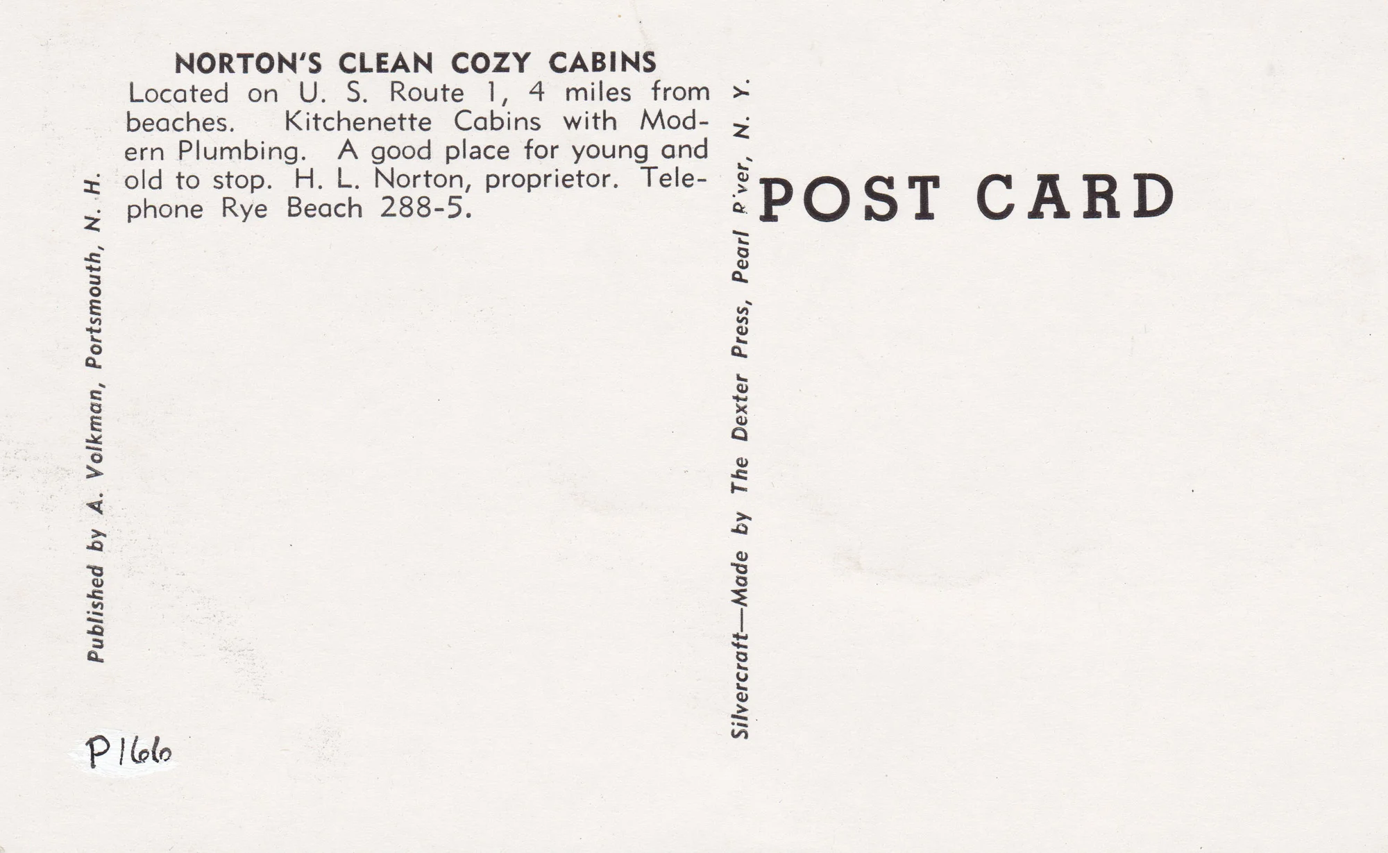 Norton's Cabins Postcard (Back)