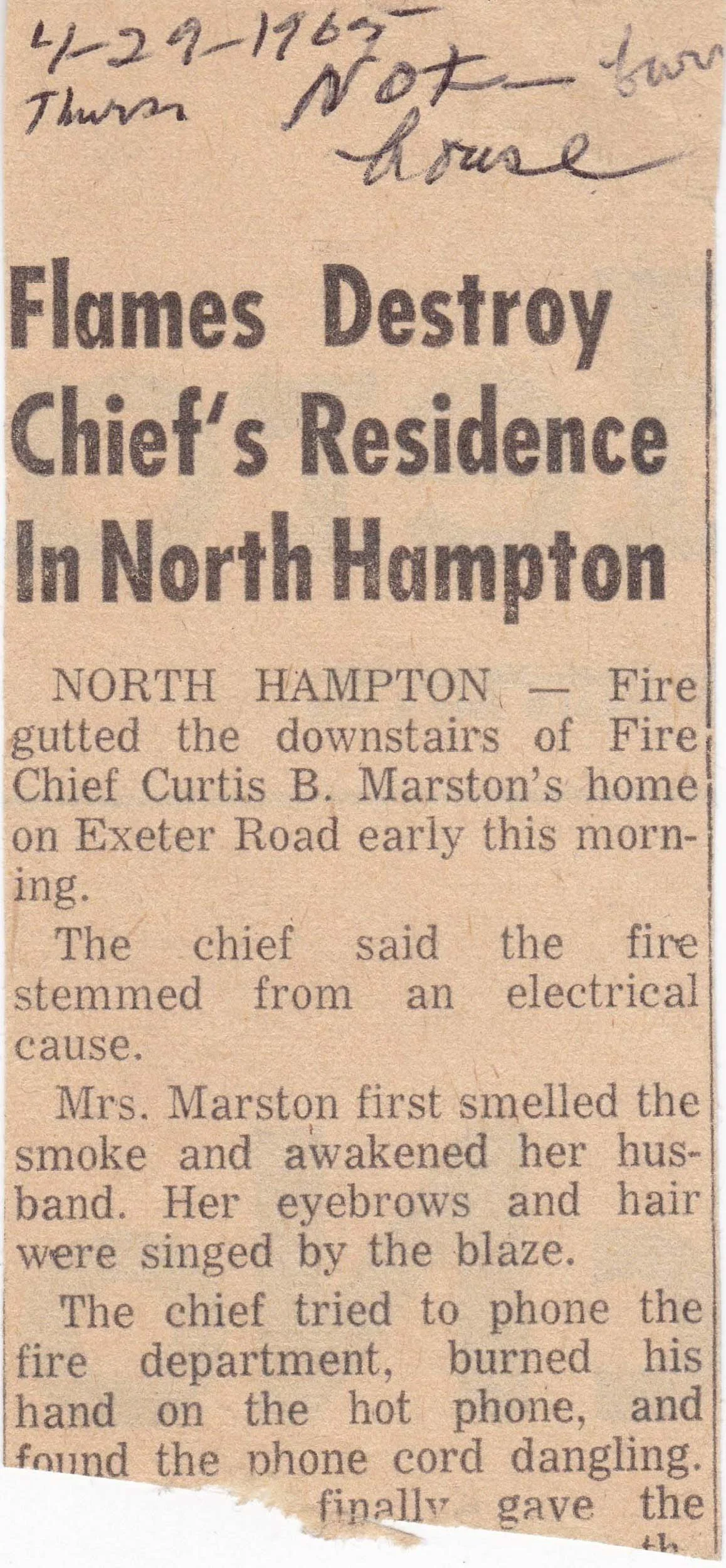 Fire Chief's Residence Fire April, 29 1965