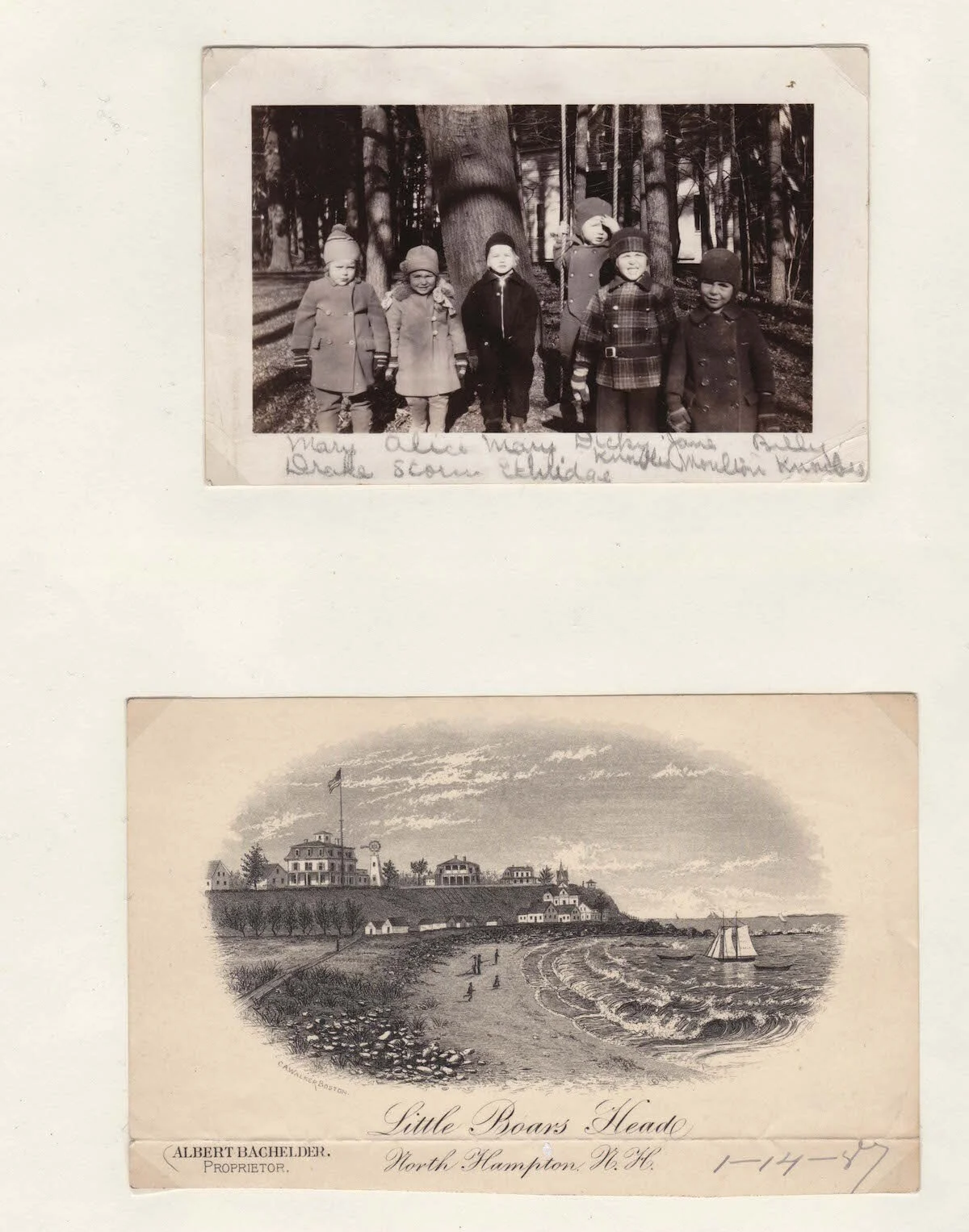  Picture of Mary Drake, Alice Storm, Mary Ethridge, Dickie Knowles, Jane Moulton and Billy Knowles.    Old Postcard of Little Boar’s Head 