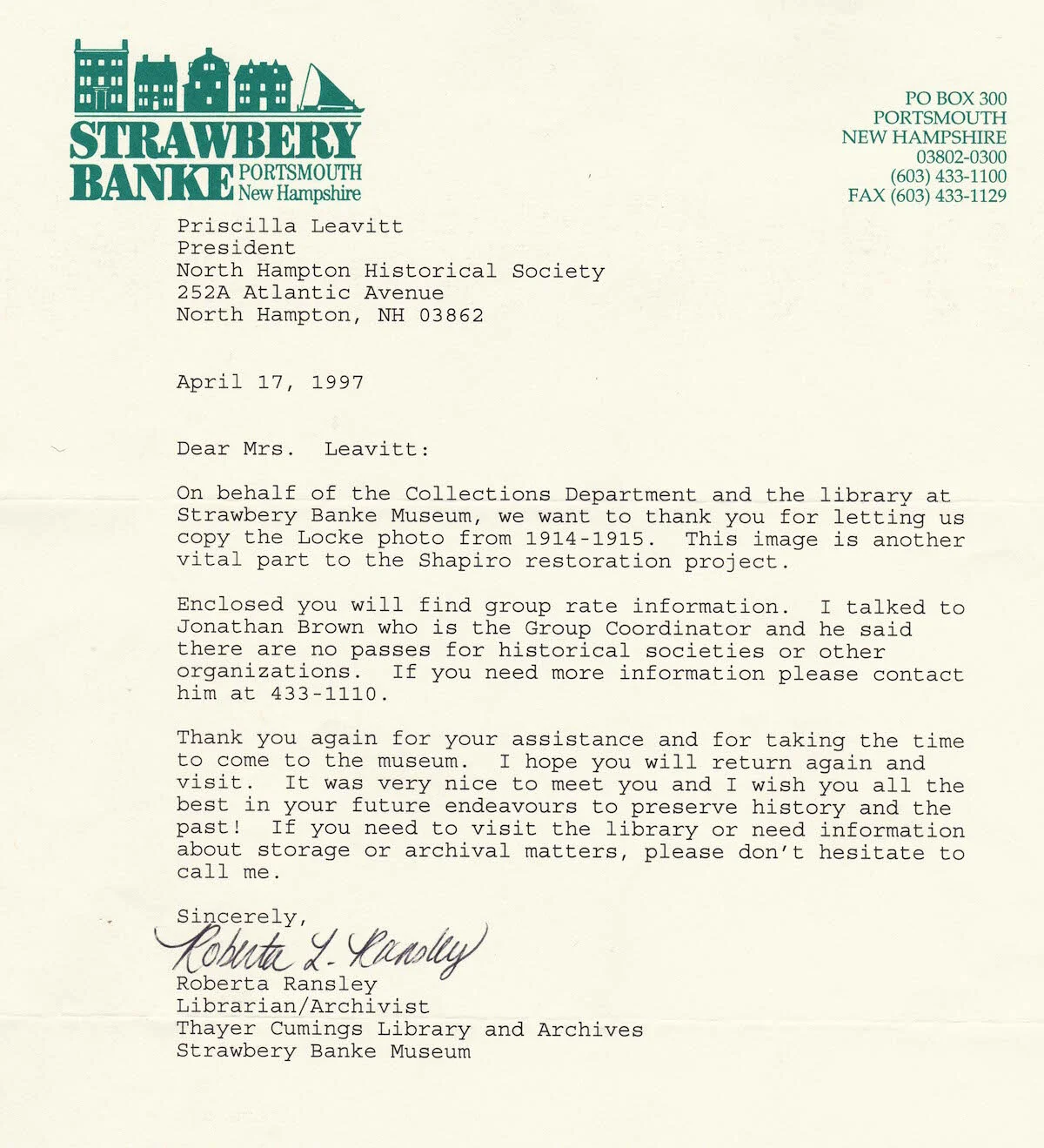  Letter from Strawberry Banke about Susan Locke driving horse drawn sleigh. 