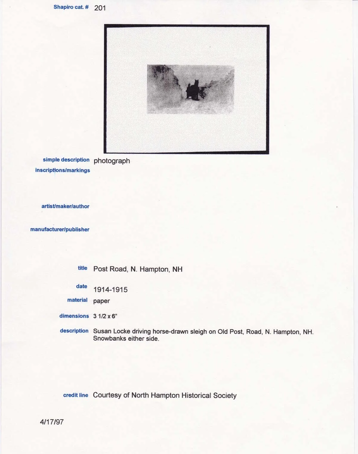  Document about Susan Locke driving horse drawn sleigh. 