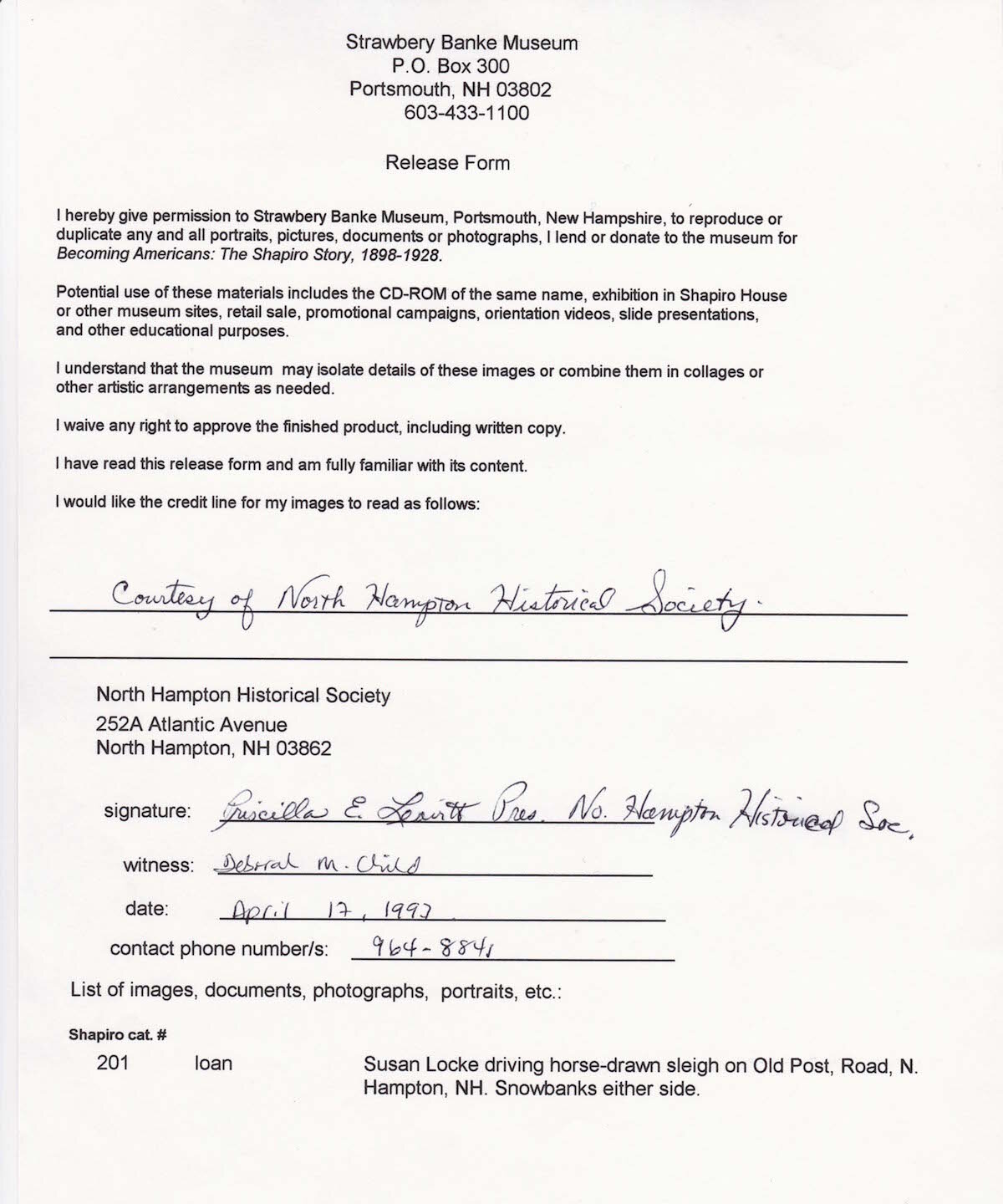  Document from Strawbery Banke about Susan Locke driving horse drawn sleigh. 