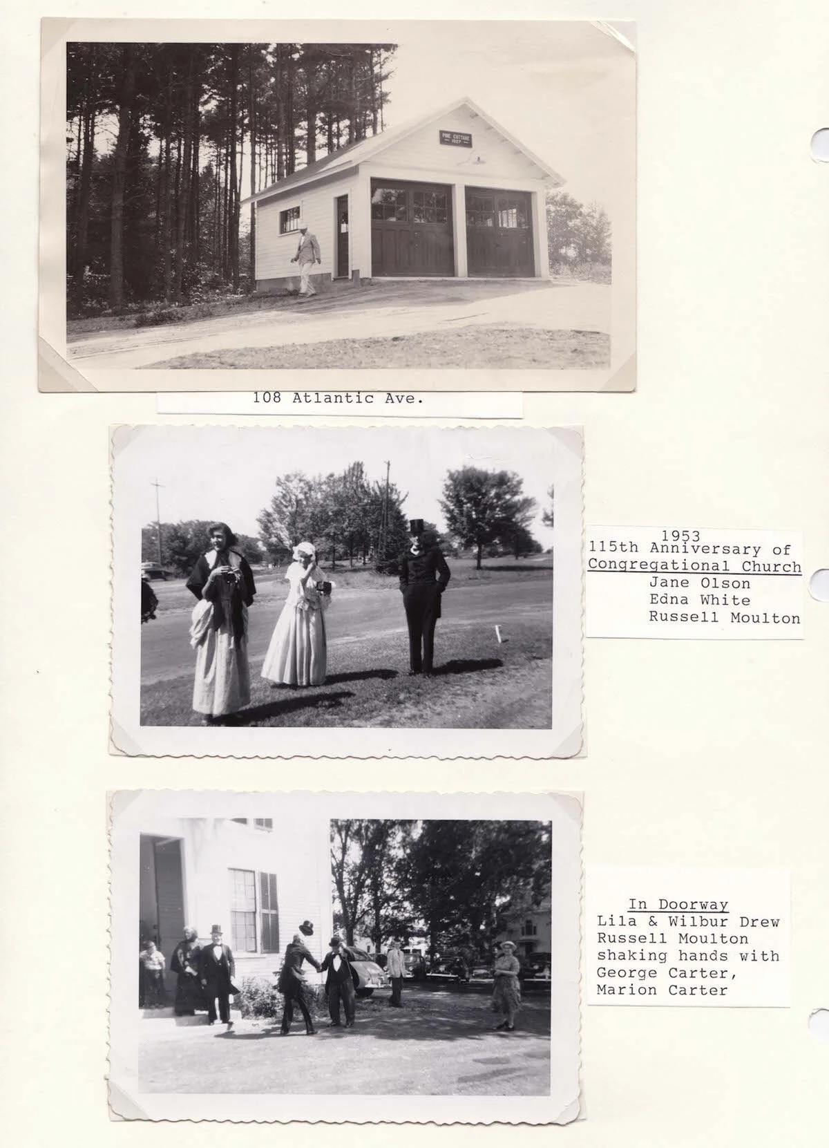  1953 - 115th Anniversary of Congregational church.  Jane Olson, Edna White, and Russell Moulton.  Lila and Wilbur Drew, Russell Moulton shaking hands with George Carter, Marion Carter.   