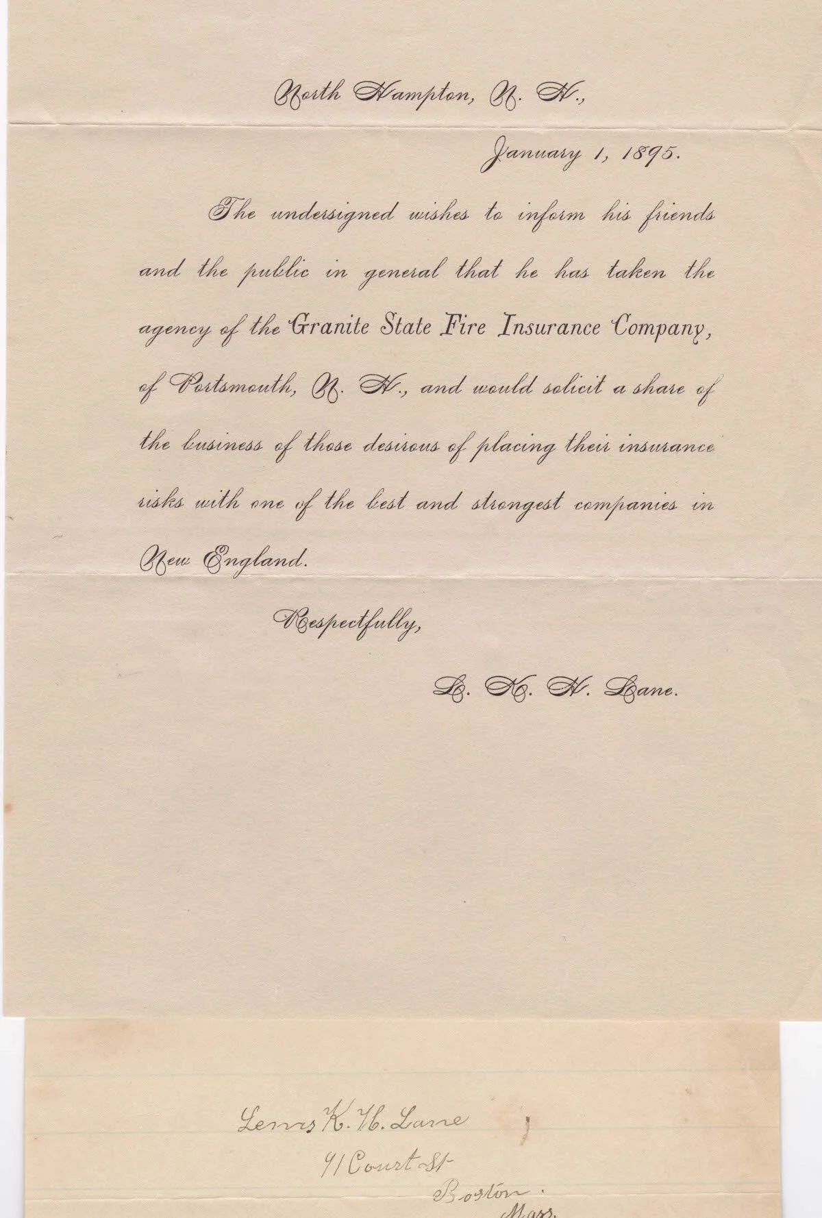 Letter about L.K.H. Lane taking over the Granite State Fire Insurance Agency.  January 1, 1895. 