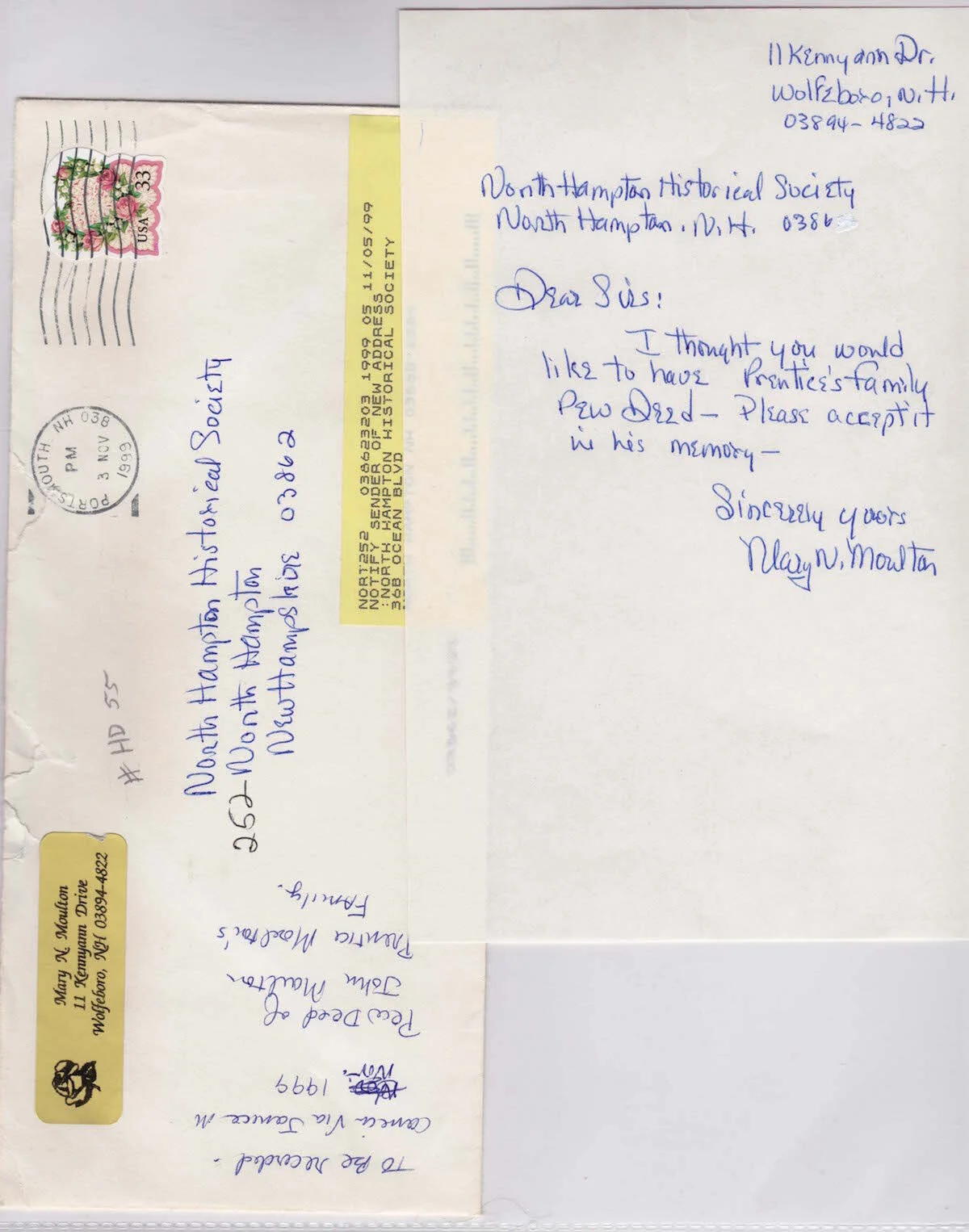  Letter about Prentice’s Family Pew Deed from Mary Moulton - 1999 