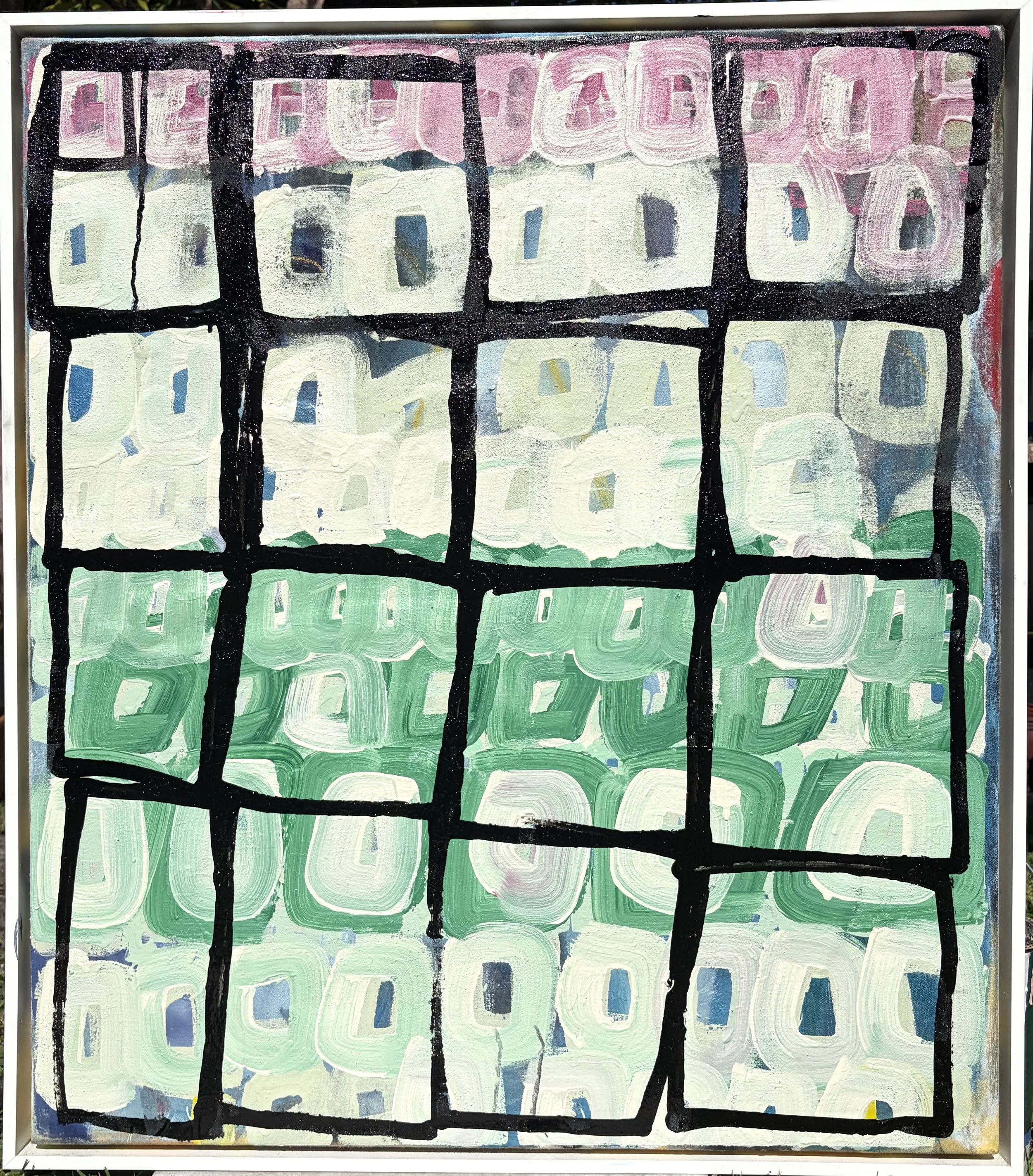  Recast 2026, Acrylic, ink and oil on canvas framed 28"x32" 