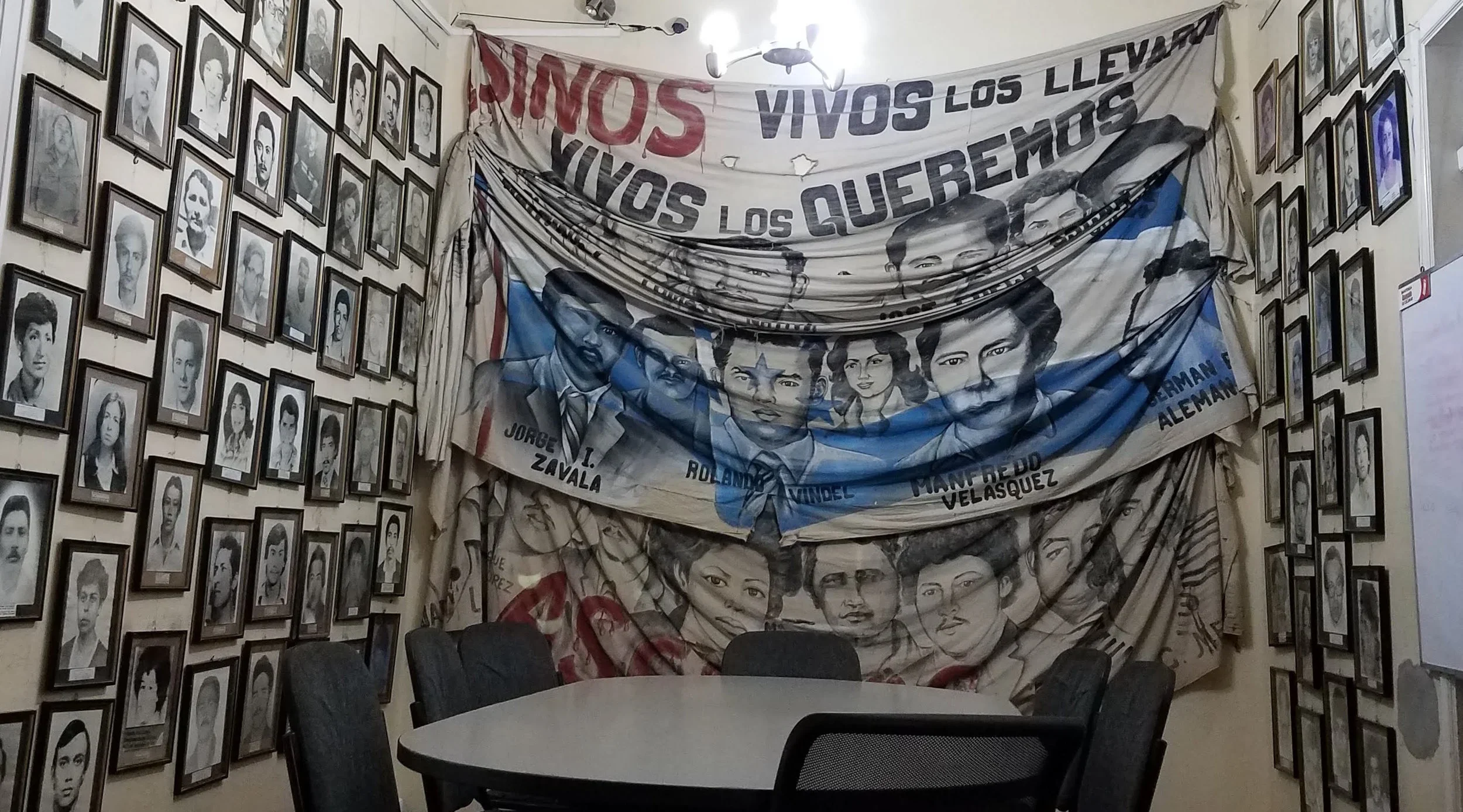 Picture taken at the Committee of Relatives of the Disappeared in Honduras, a human rights NGO founded in 1982 by 12 families of disappeared Hondurans. General Luis Alonso Discua Elvir, a graduate of the School of the Americas, was a founder and commander of Battalion 3-16, a CIA-trained military unit that was responsible for many disappearances and murders of government opponents.