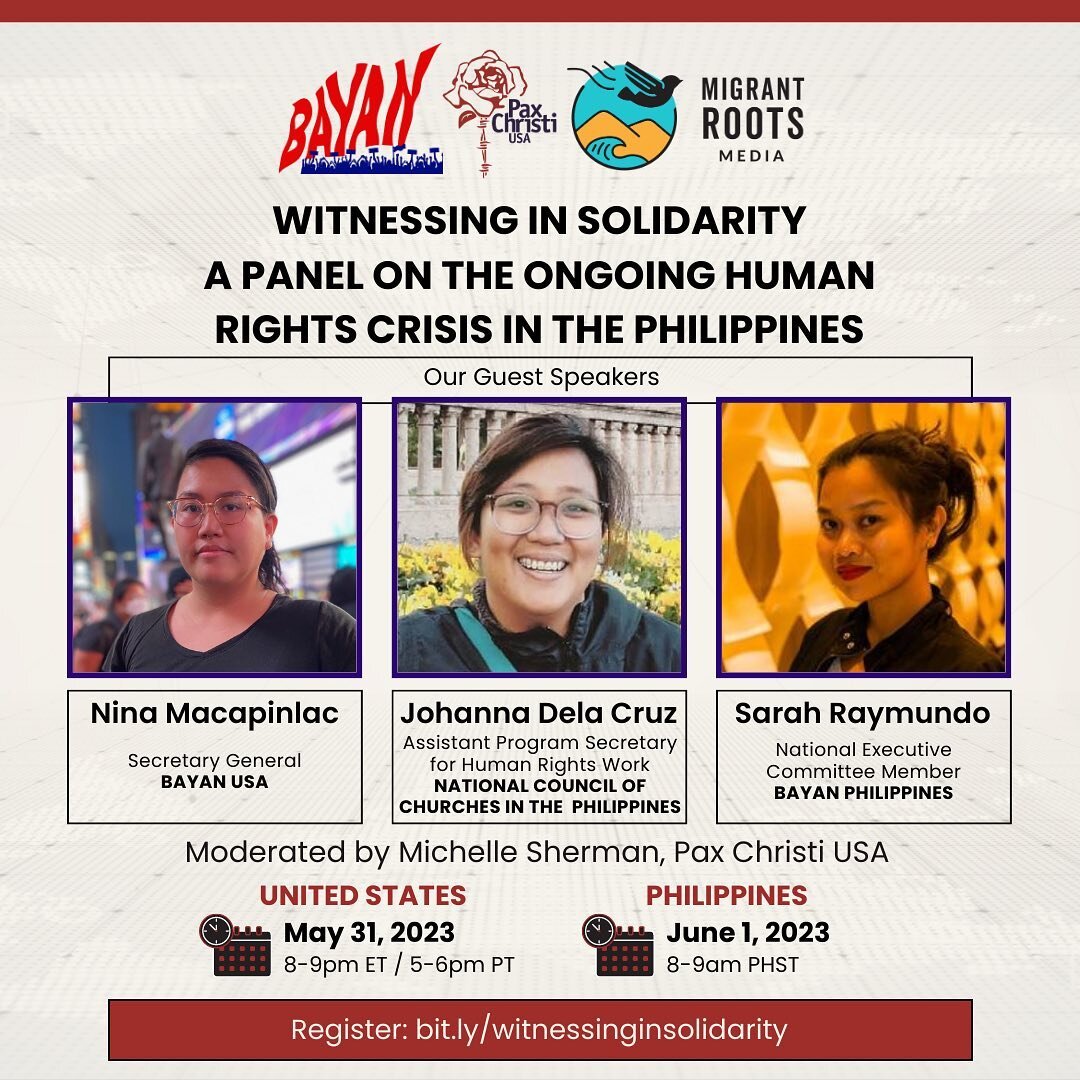 Join @migrantroots, @bayan_usa, and @paxchristiusa for an informative discussion: Witnessing in Solidarity: A Panel on the Ongoing Human Rights Crisis in the Philippines. 

It will include a brief report about the delegation that took place at the be