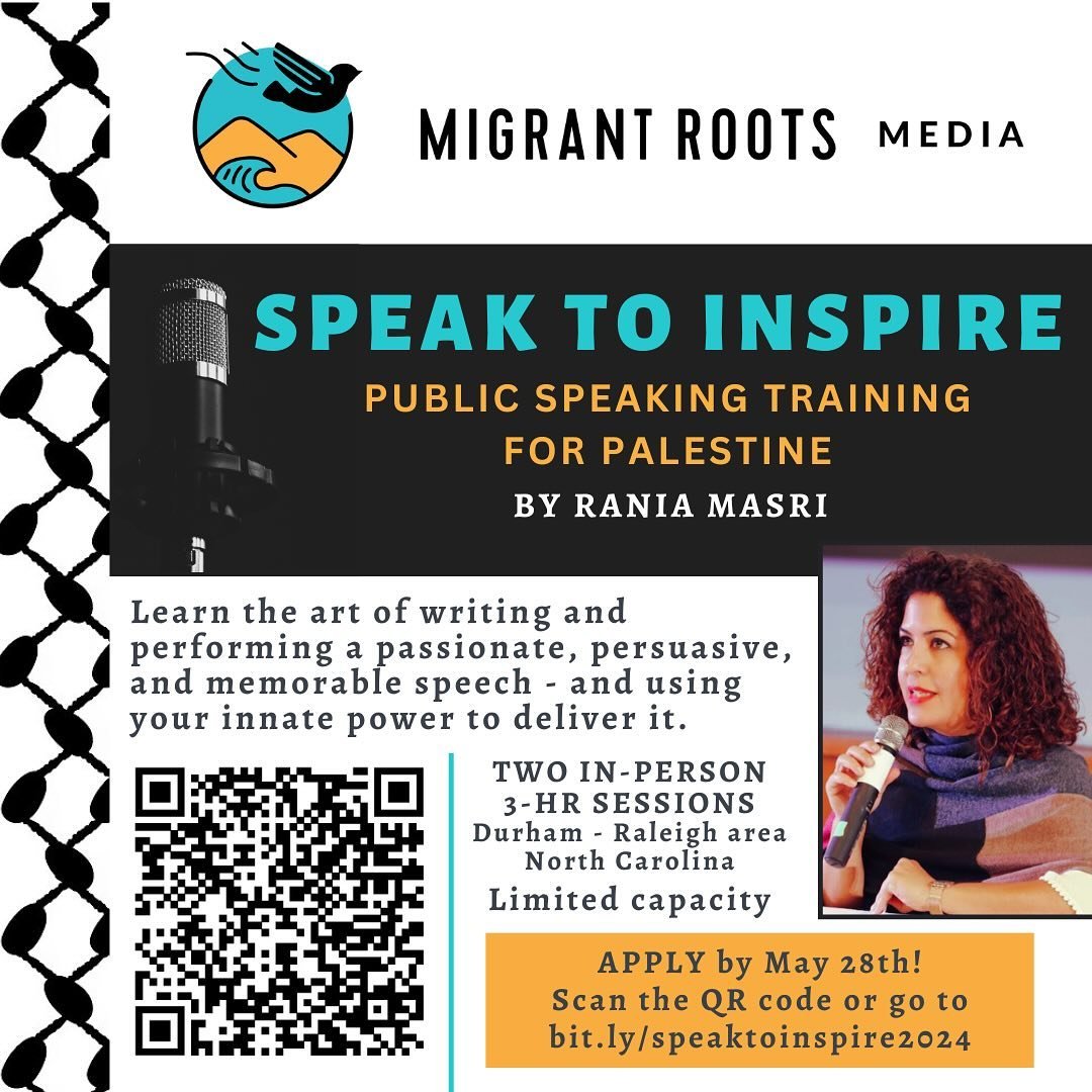 Apply Now for Speak to Inspire: a Public Speaking Training for Palestine. 

Instructor: Rania Masri, PhD 

Learn the art of writing and performing a passionate, persuasive, and memorable speech - and using your innate power to deliver it.

TWO IN-PER