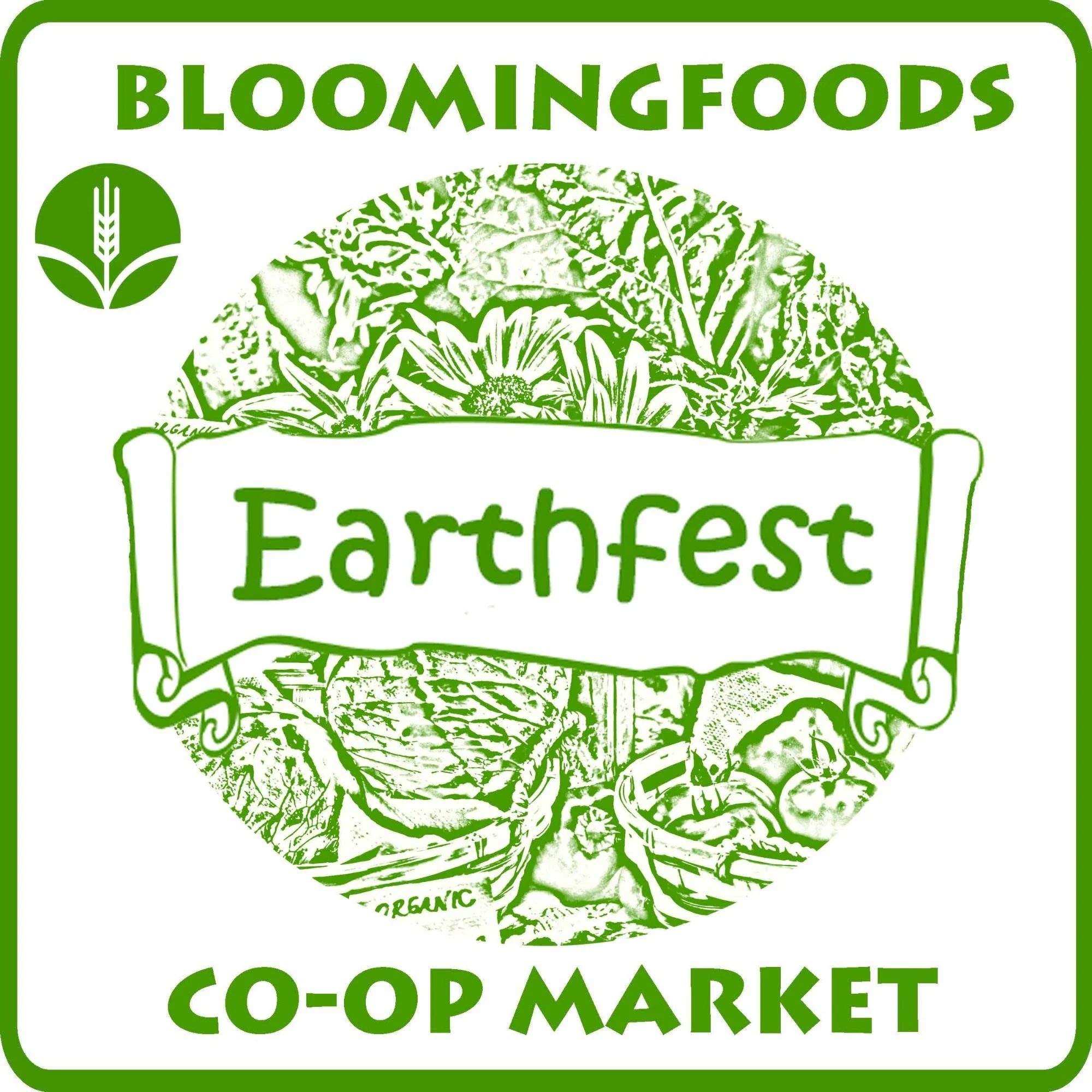 Green square border around a banner covering a circle of flowers; "Bloomingfoods" and logo above the circle design and "Co-op Market" below the circle design.