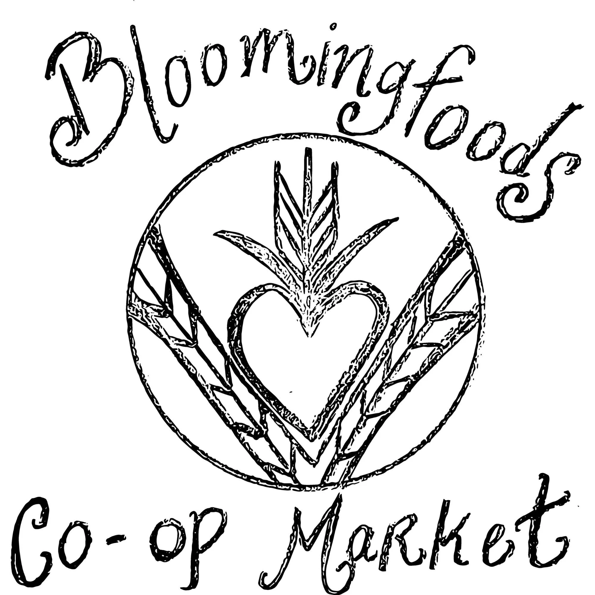 A black and white hand-drawn wheat-shaft growing from a heart within a circle; "Bloomingfoods" above the circle and "Co-op Market"  below the circle.