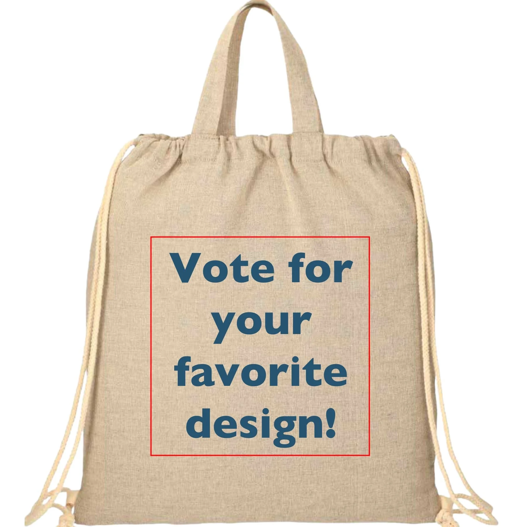 Cotton drawstring bag with "Vote for your favorite design!" inside a red box outline on the front of the bag.