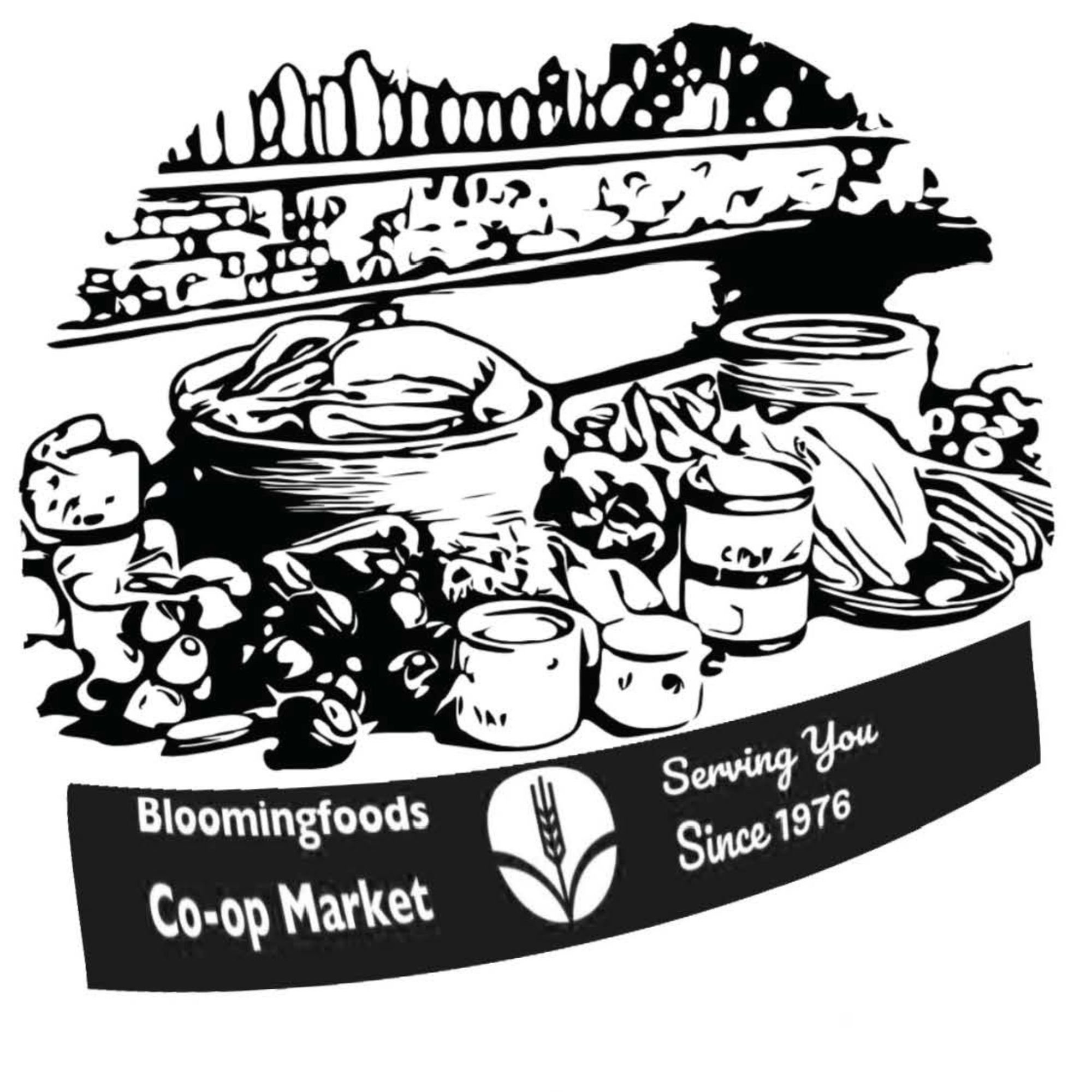 a black and white outline of produce on a counter within a circle and a black banner across the bottom of the circle with our logo and "Bloomingfoods Co-op Market Serving you Since 1976" in white.