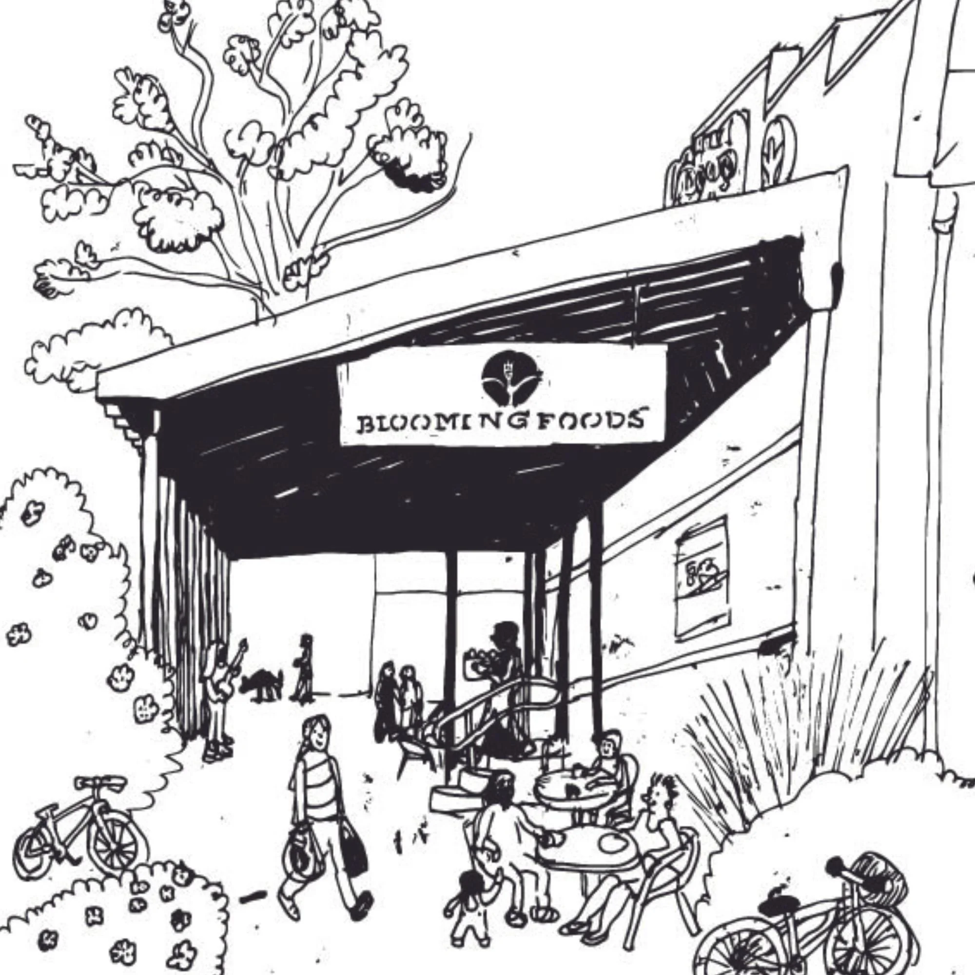 Hand-drawn clack and white design of the front of our Near West store from the right side; people walking, eating in the outdoor seating, and playing music; bicycles off to the sides near the landscaping.