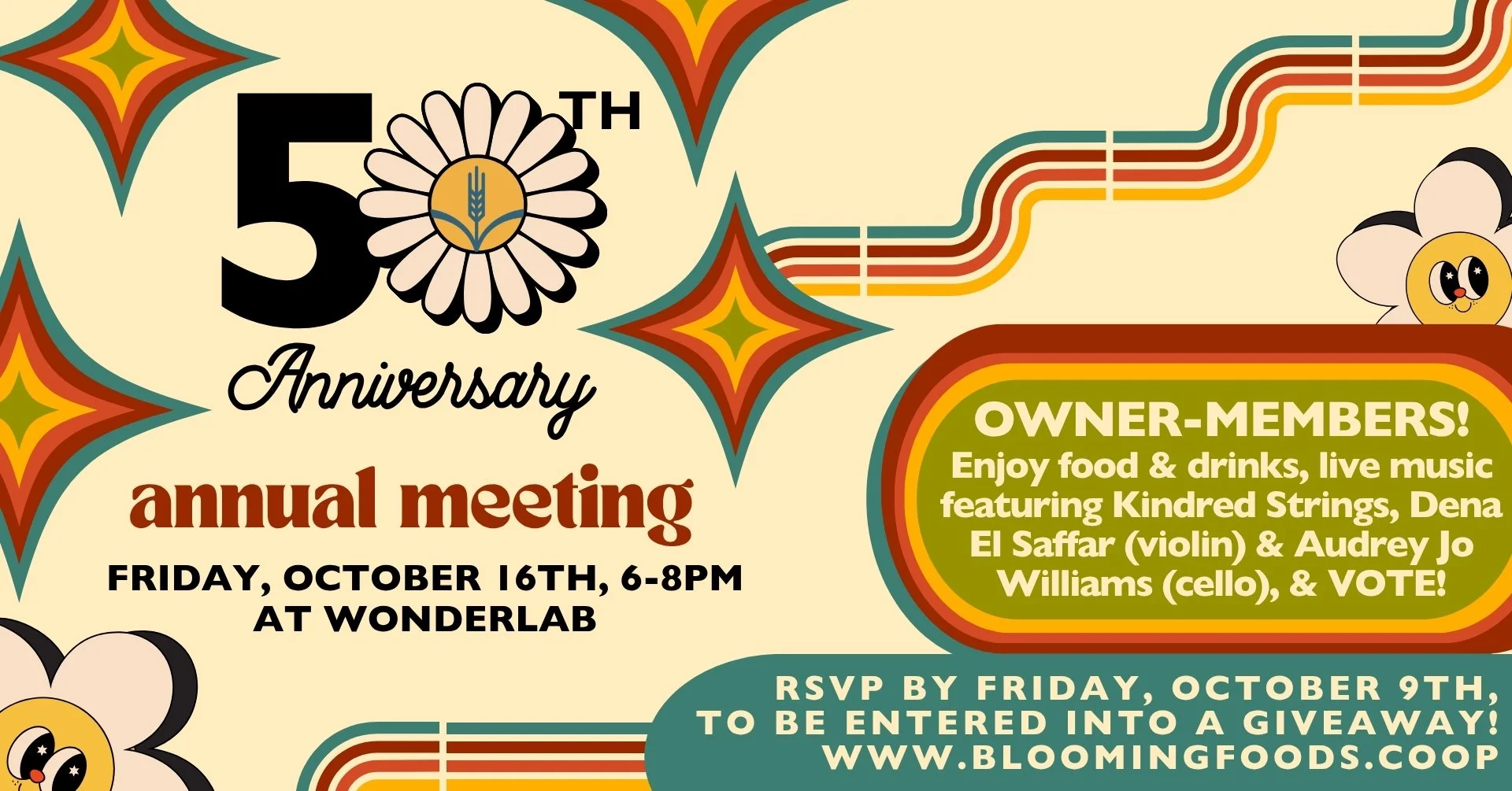 50th Anniversary annual meeting, Friday, October 16th, 6-8pm, at Wonderlab, Owner-Members! Enjoy food & drinks, live music featuring Kindred Strings, Dena El Saffar (violin) & Audrey Jo Williams (cello), & VOTE! RSVP by Friday, October 9th