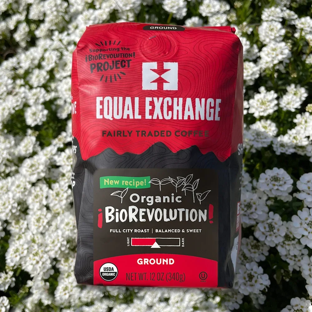 A bag of Equal Exchange Fairly Traded Coffee Organic BioRevolution ground coffee