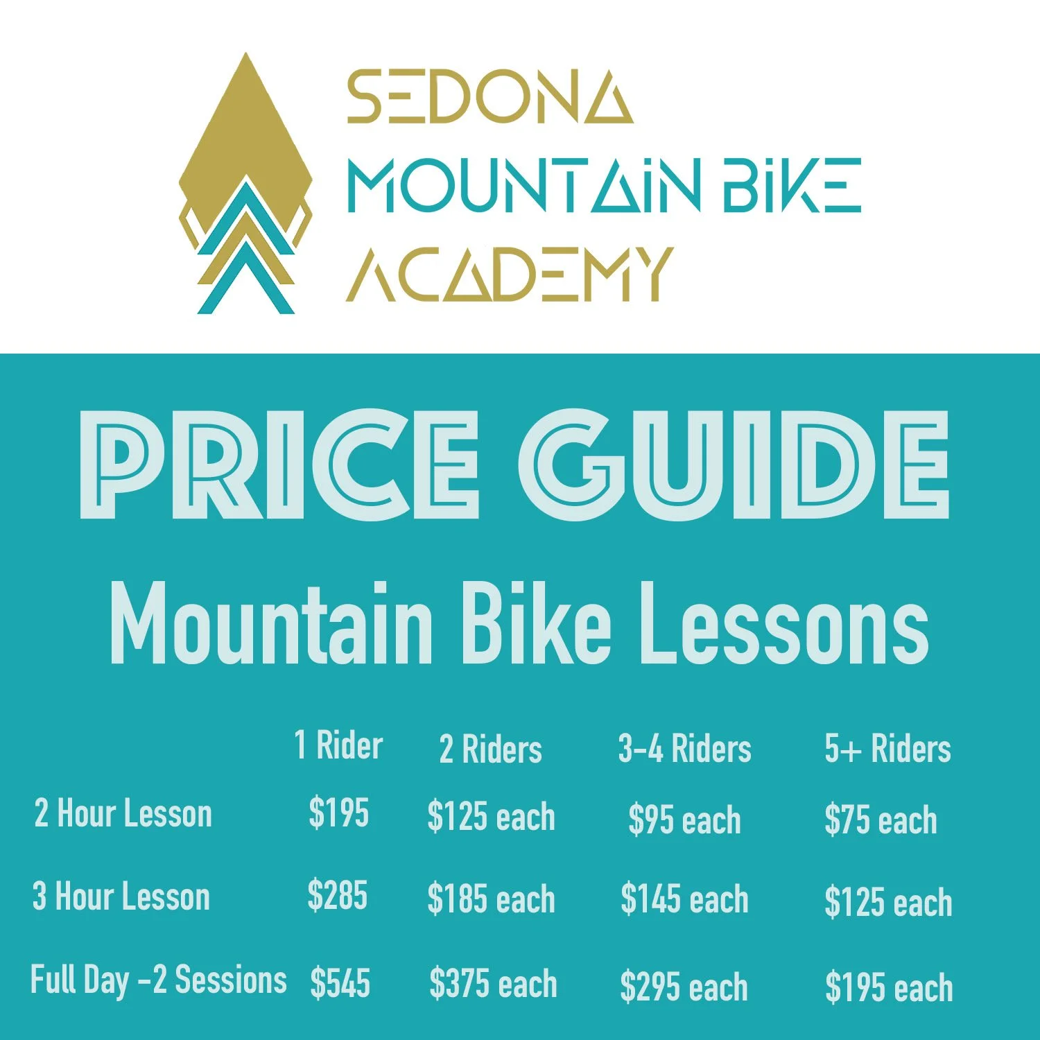 Price guide for mountain bike lessons at Sedona Mountain Bike Academy, showing prices based on rider count and lesson duration.