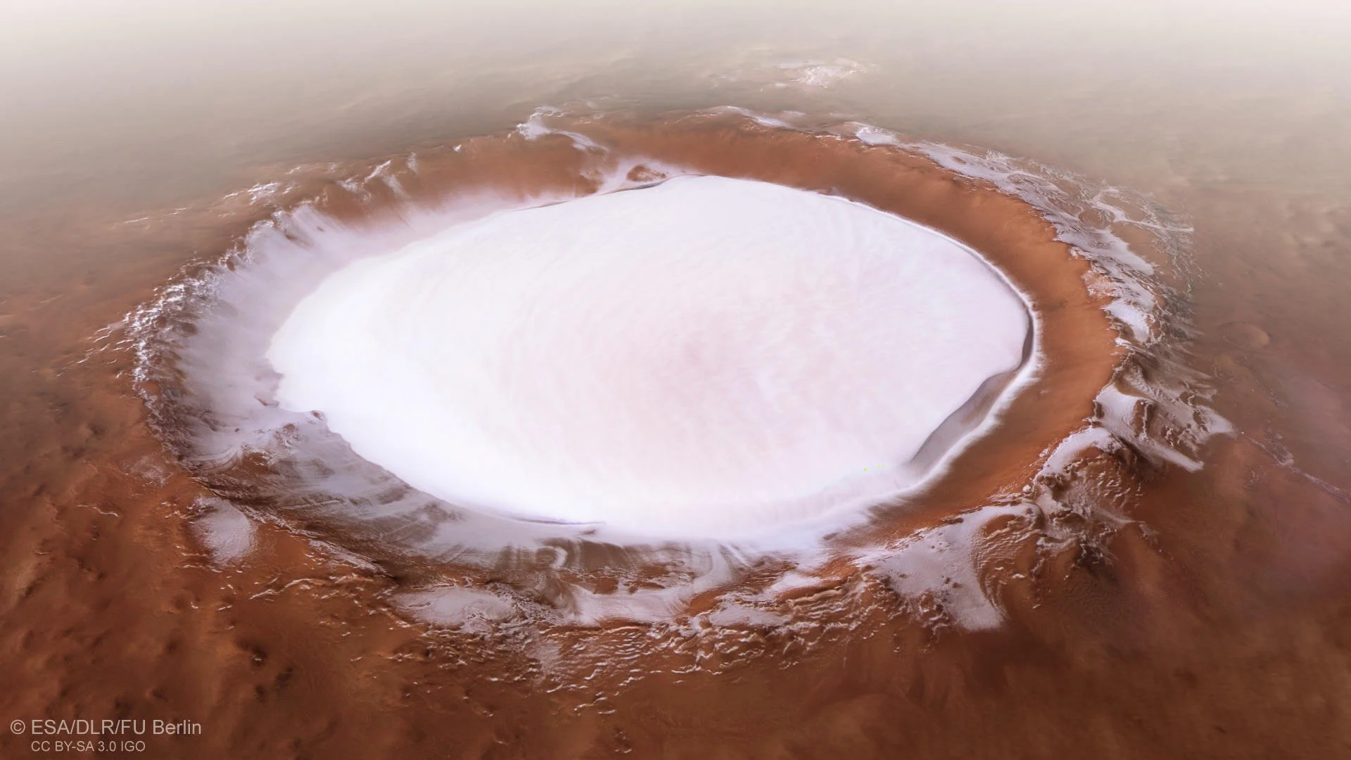 Korolev crater’s domed ice deposit as seen from an oblique perspective. View generated from multiple images taken from the ESA Mars Express orbiter in late 2018. - Credit: ESA/DLR/FU Berlin
