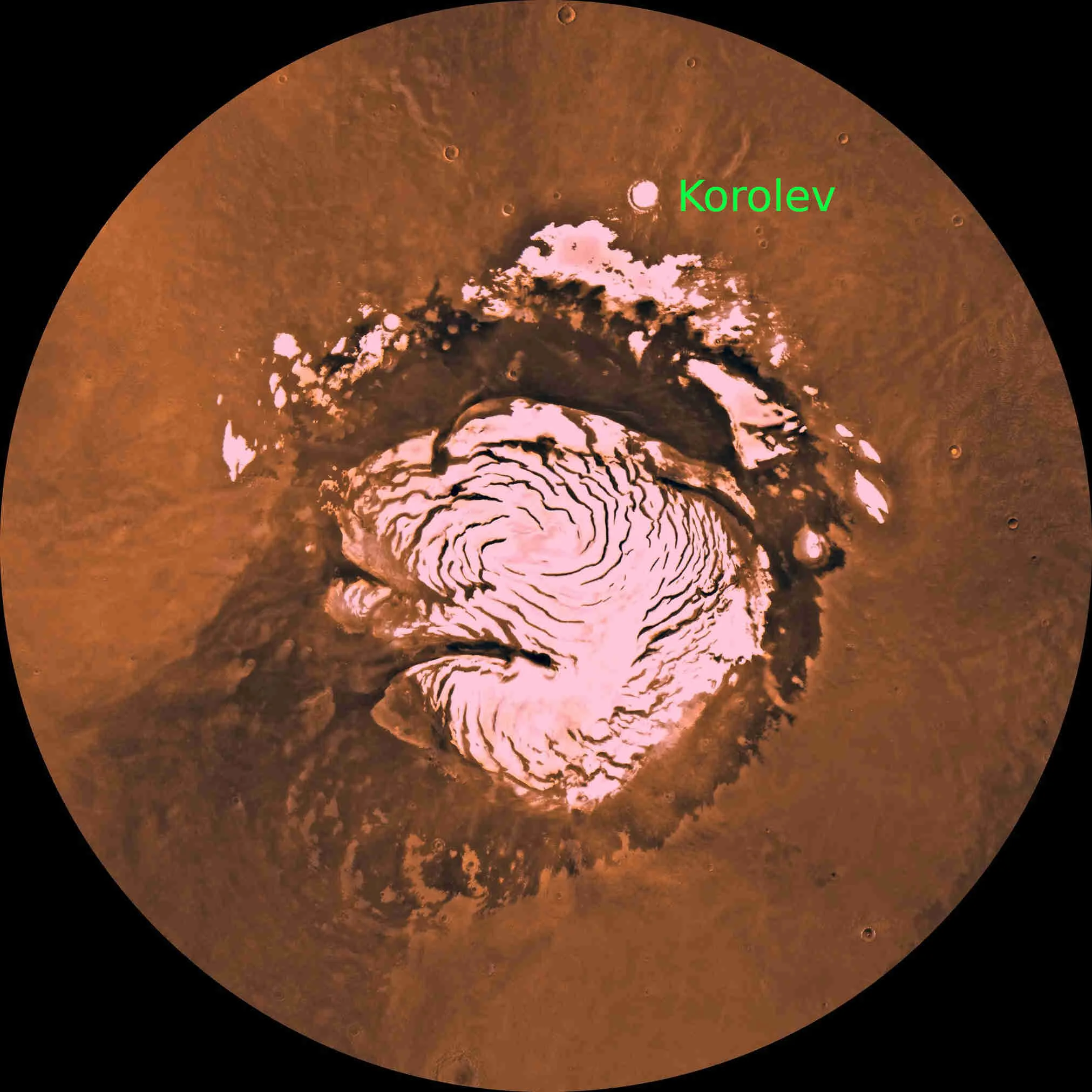Korolev crater in relation to the Martian north pole. Captured from the NASA Viking orbiter in 1998 - Credit: NASA/JPL/USGS