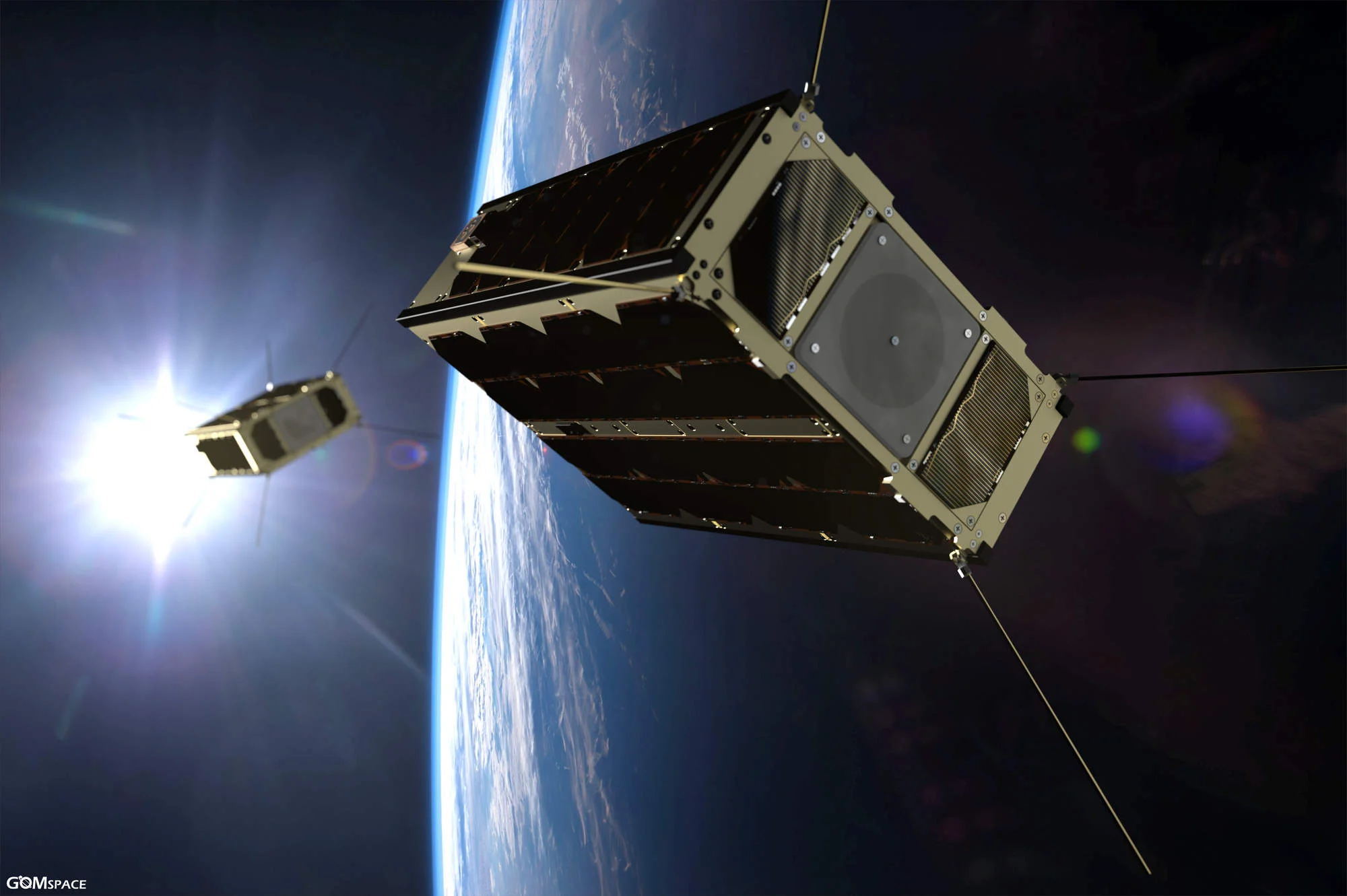 Artist rendering of the GomX-4 pair in formation around Earth - Credit: GomSpace