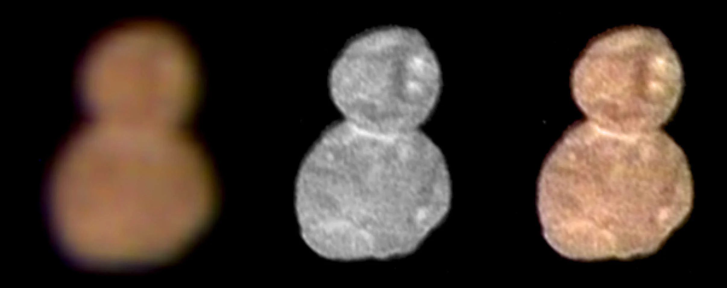 Left is the first color image of Ultima Thule that was taken at a distance of 137.000 km by New Horizon’s Multispectral Visible Imaging Camera (MVIC). Center is a higher spatial resolution image taken by the Long-Range Reconnaissance Imager (LORRI). Right is the color data from MVIC overlaid onto the LORRI image. Credit: NASA/Johns Hopkins University Applied Physics Laboratory/Southwest Research Institute