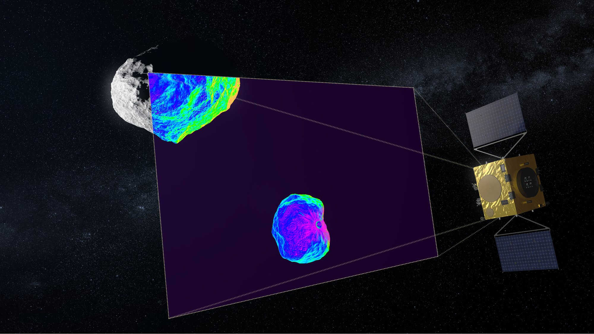Artist graphic of the ESA Hera spacecraft imaging the Didymos asteroid binary system. Hera will observe the results of the DART impact. In addition to the instruments Hera houses, it will carry two 6U CubeSats called APEX and Juventas. Credit: ESA - ScienceOffice.org