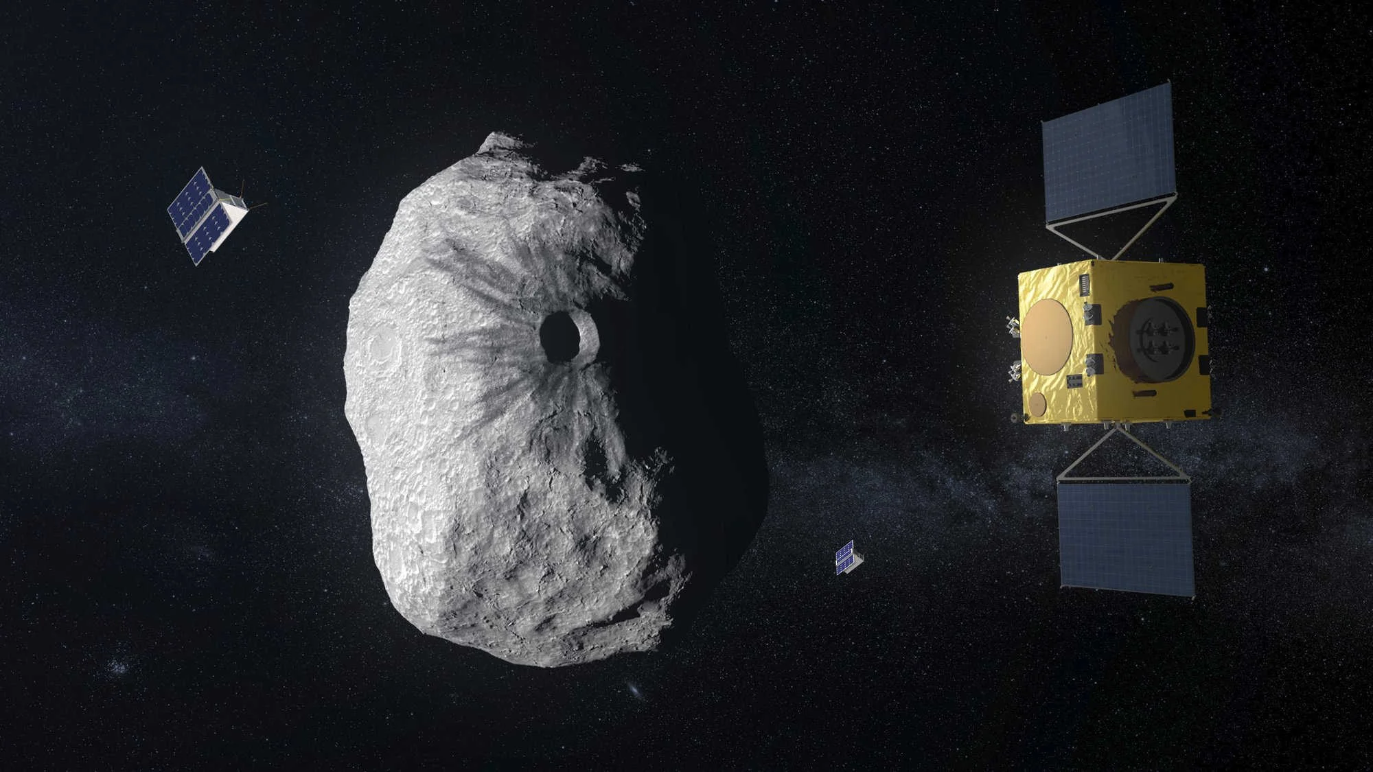 Artists graphic of the ESA Hera spacecraft orbiting the Didymos asteroid. The APEX and Juventas CubeSats are orbiting close to Didymos, studying the surface and interior characteristics in high detail. Credit: ESA - ScienceOffice.org