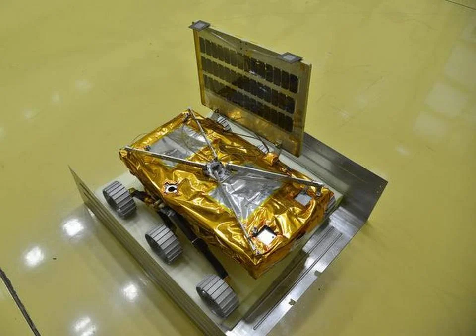 The Chandrayaan-2 rover that will semi-autonomously explore regions of the Lunar South Pole. The rover is expected to survive for 15 days on the surface. Credit: K.Murali Kumar