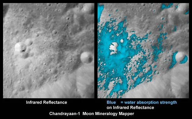 The side of this young crater on the far-side of the Moon has a high concentration of water-rich minerals (blue in right image). Credit: Credits: ISRO/NASA/JPL-Caltech/USGS/Brown Univ.