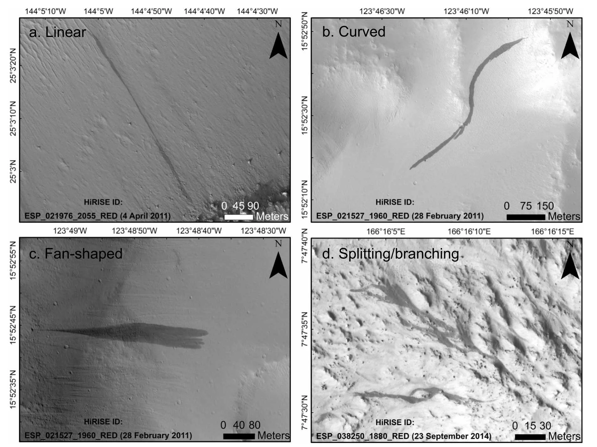 Some of the most commonly observed slope streaks on Mars. (a) Linear, (b) curved, (c) fan-shaped, (d) splitting/branching. Captured from the HiRISE instrument on the Mars Reconnaissance Orbiter. Credit: Bhardwaj et al. (2019), Figure 4