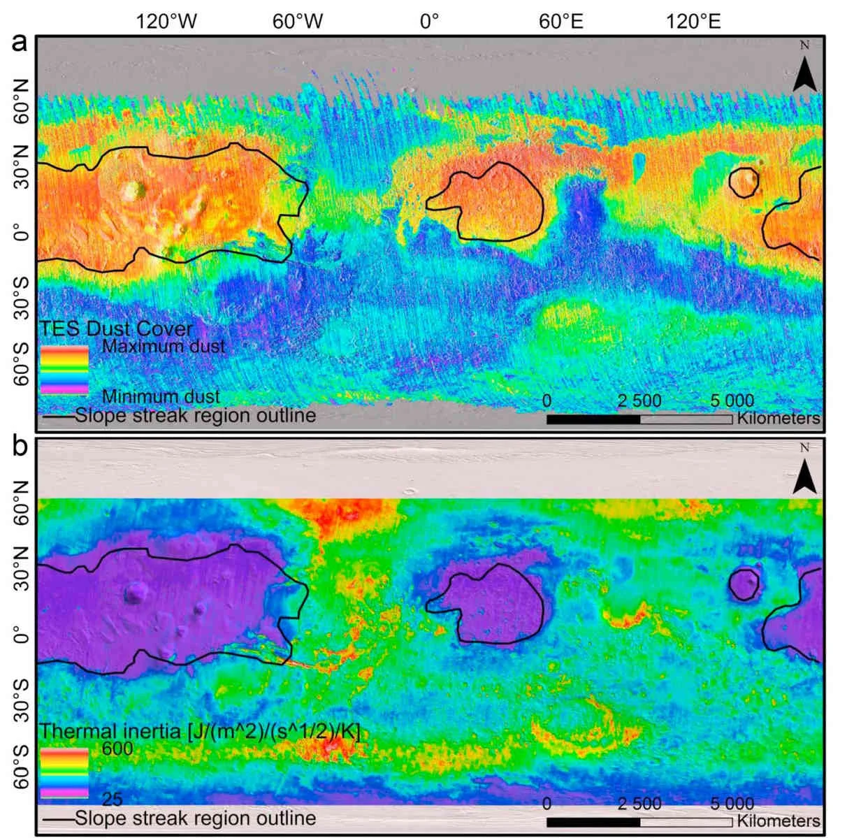 The slope streaks observed on Mars usually occur in dusty areas with low thermal inertia, as indicated by the circled regions. Credit: Bhardwaj et al. (2019), Figure 8