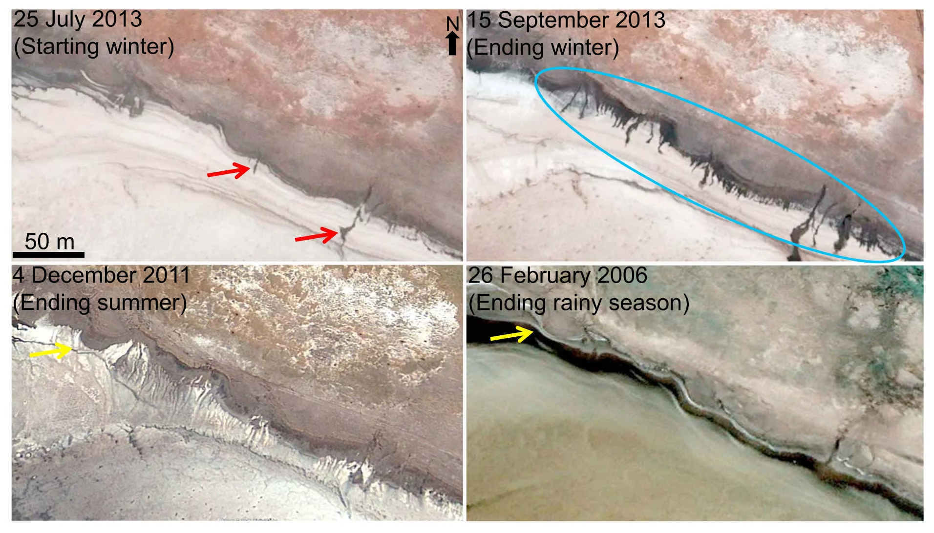 Terrestrial slope streaks analog using the Salar de Uyuni in the Altiplano of Bolivia. Similar slope streaks were observed in satellite imagery during the winter (dry) months. The streaks were caused by an aqueous brine. Credit: Bhardwaj et al. (2019), Figure 14