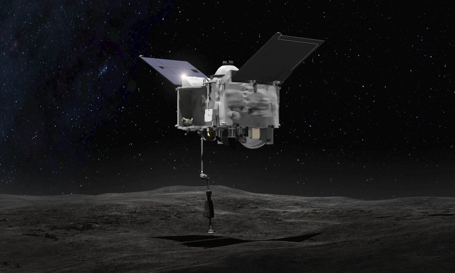 Artist’s concept showing the NASA OSIRIS-REx spacecraft making contact with the asteroid Bennu. This touch and go maneuver will collect a sample of the asteroid regolith and return it to Earth for analysis. Credit: NASA/Goddard Space Flight