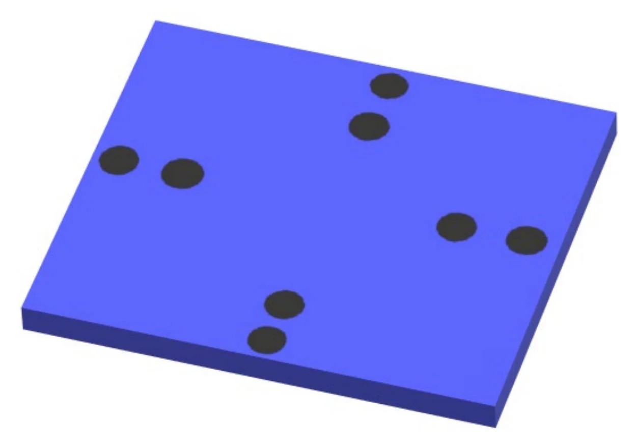 The thruster chip that propels AMIGO. Each chip contains eight thrusters capable of producing 30 micro-Newtons of thrust. These thrusters only provide torque on the x and y body. A reaction wheel provides torque on the z axis. Credit: Wilburn et al. 2019, Figure 7.