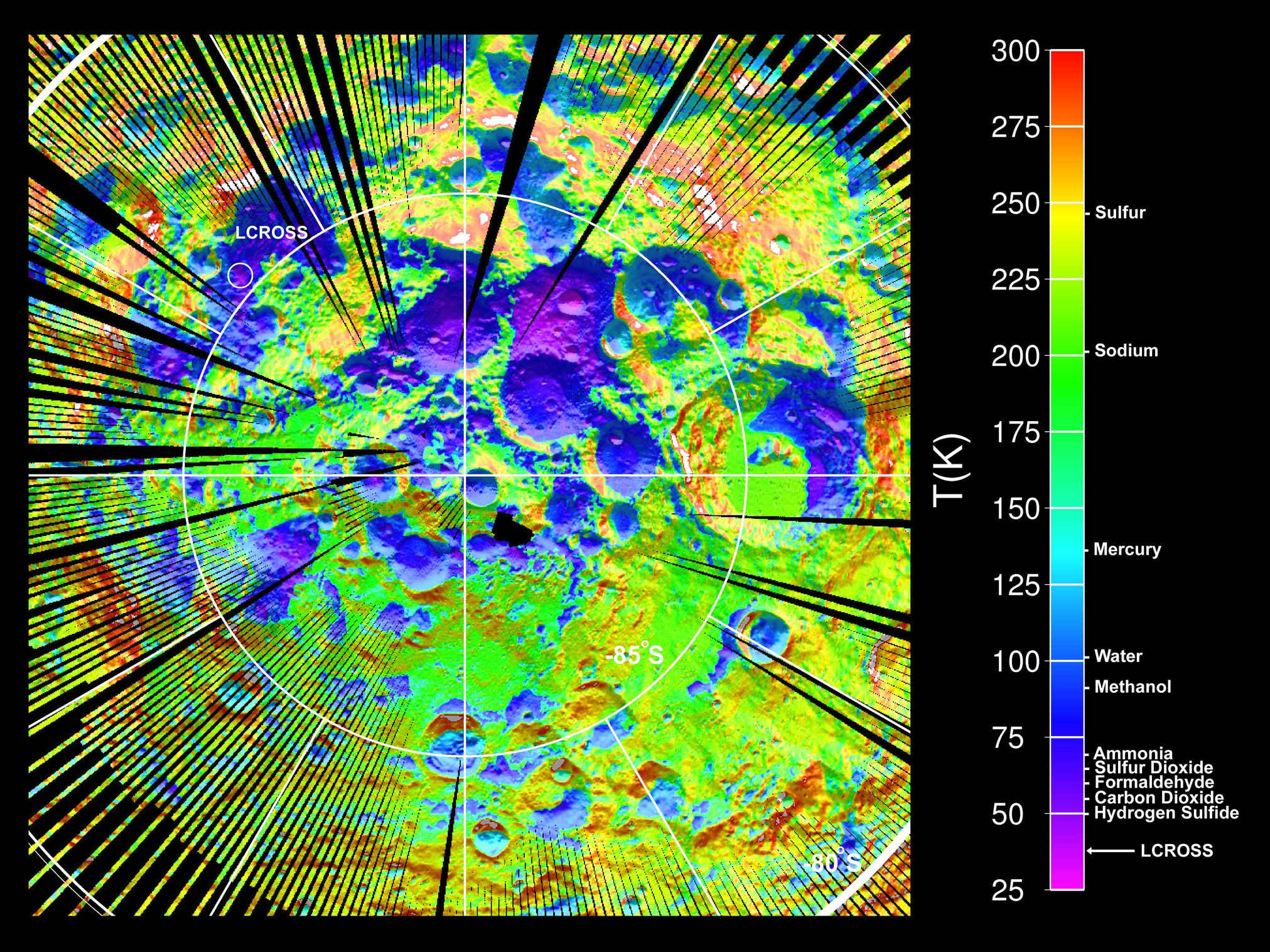 Temperature map of the Moon’s south pole. The bottoms of some of the craters in this region are never exposed to sunlight, thus have extremely cold temperatures. Alternatively, some peaks and crater rims are exposed to sunlight over 80% of the time. Data was captured from the Lunar Reconnaissance Orbiter (LRO) Diviner Lunar Radiometer Experiment. Credit: UCLA/NASA/JPL/Goddard.