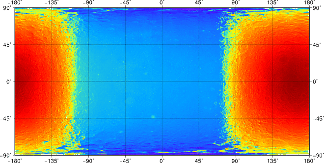 Animated map showing the average brightness temperatures across the Moon. Values collected from the Lunar Reconnaissance Orbiter (LRO) Diviner Lunar Radiometer Experiment over a 5.5 year period. Equatorial temperatures swing from around 127 C during the lunar day to around -179 C during the lunar night. Credit: Williams et al 2017