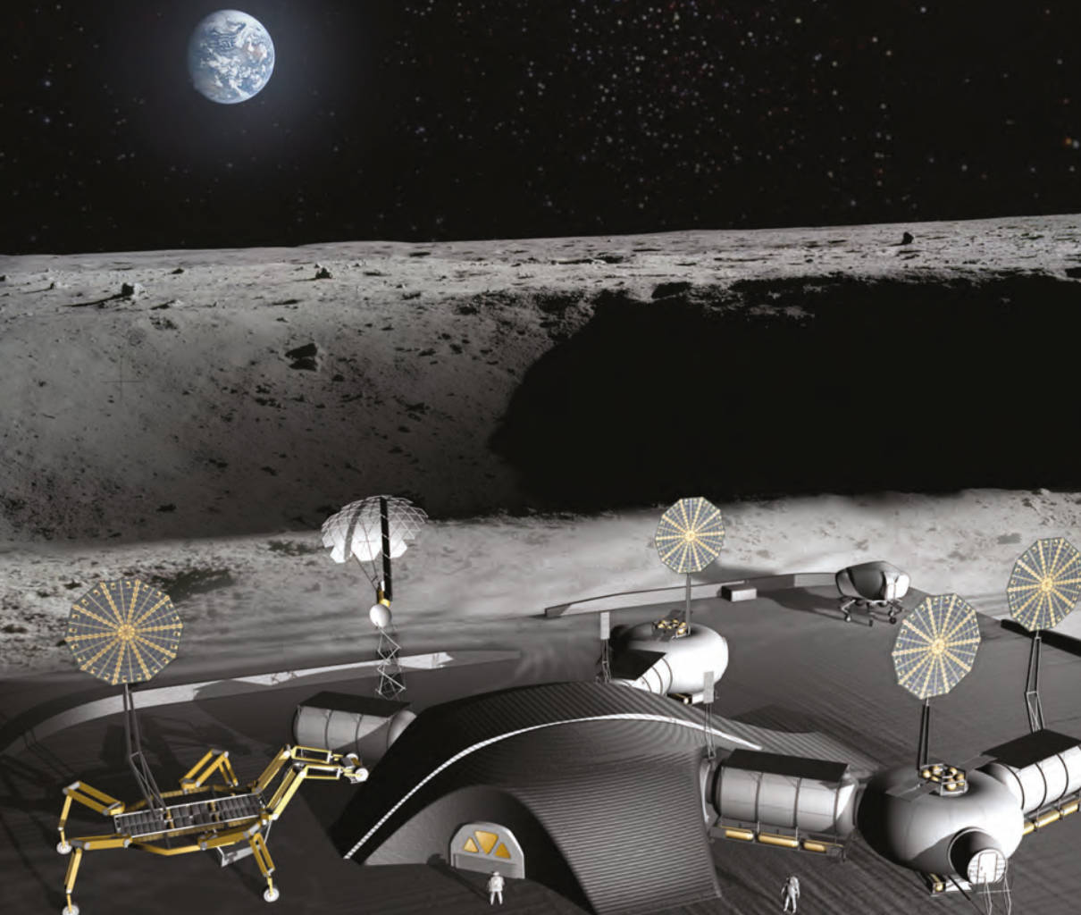 Regolith based materials for insulation around lunar bases can provide a large temperature protection because lunar regolith is a good insulator with low thermal conductivity. Temperatures under a meter of regolith hover around -53 C, which is much warmer and more consistent than the surface temperature. This concept shows the SinterHab being constructed from a large 3D printer mounted on an ATHLETE rover. Credit: Howe et al. 2013, Figure 26.